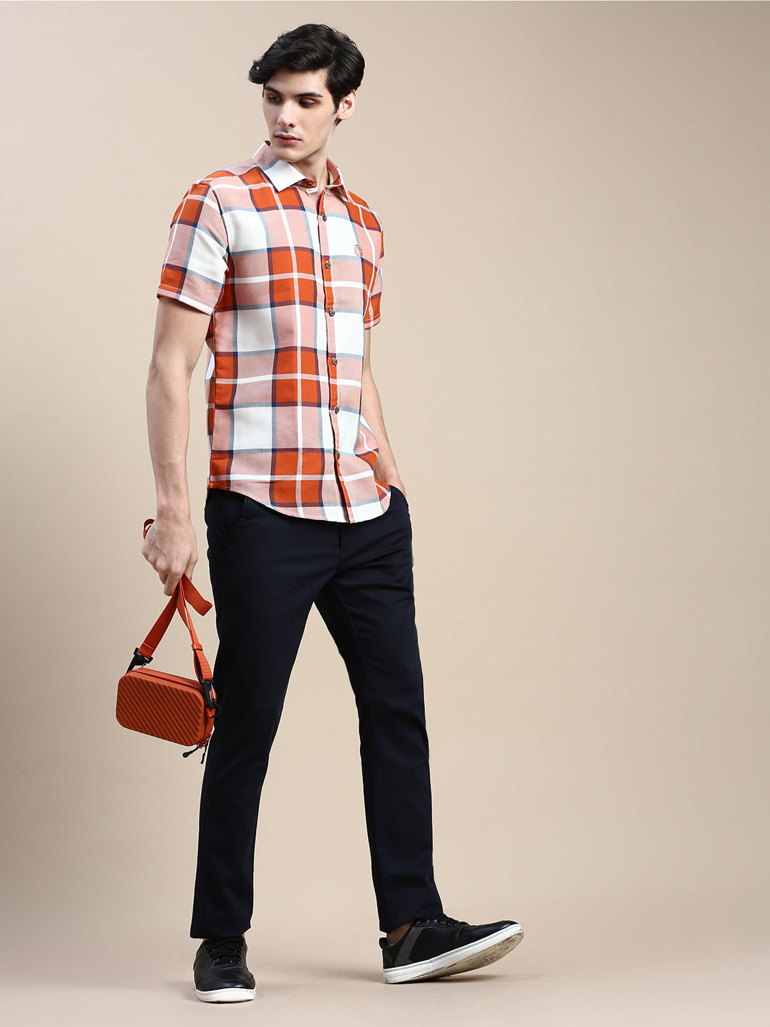 Men Orange Checked Casual Shirt