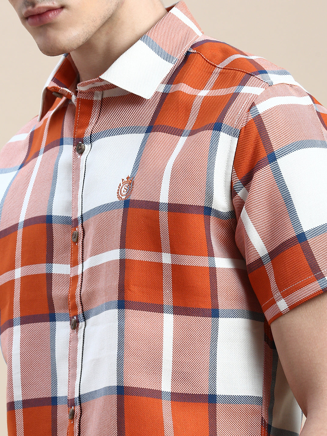 Men Orange Checked Casual Shirt