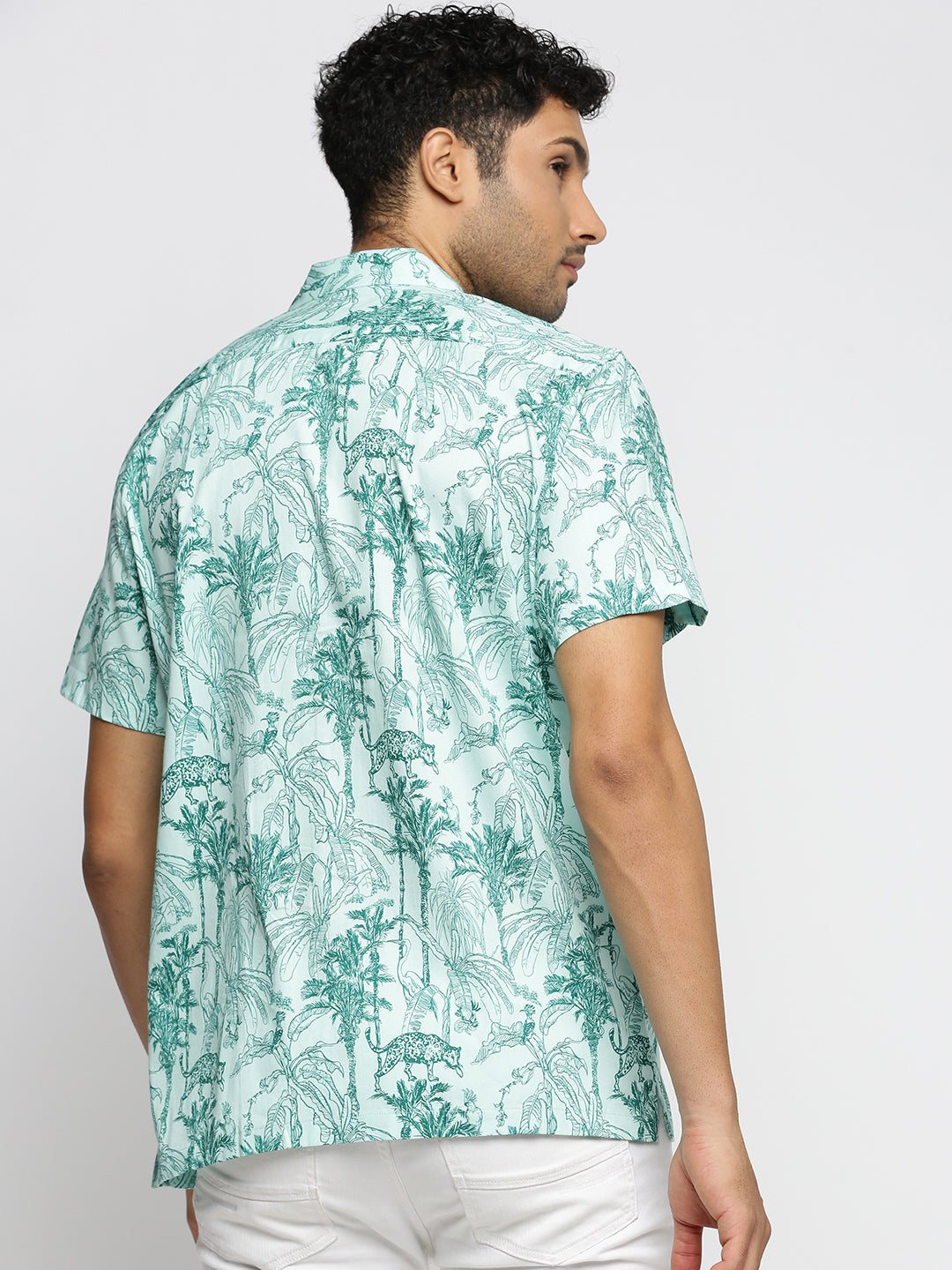 Men Sea Green Cuban Collar Animal Shirt