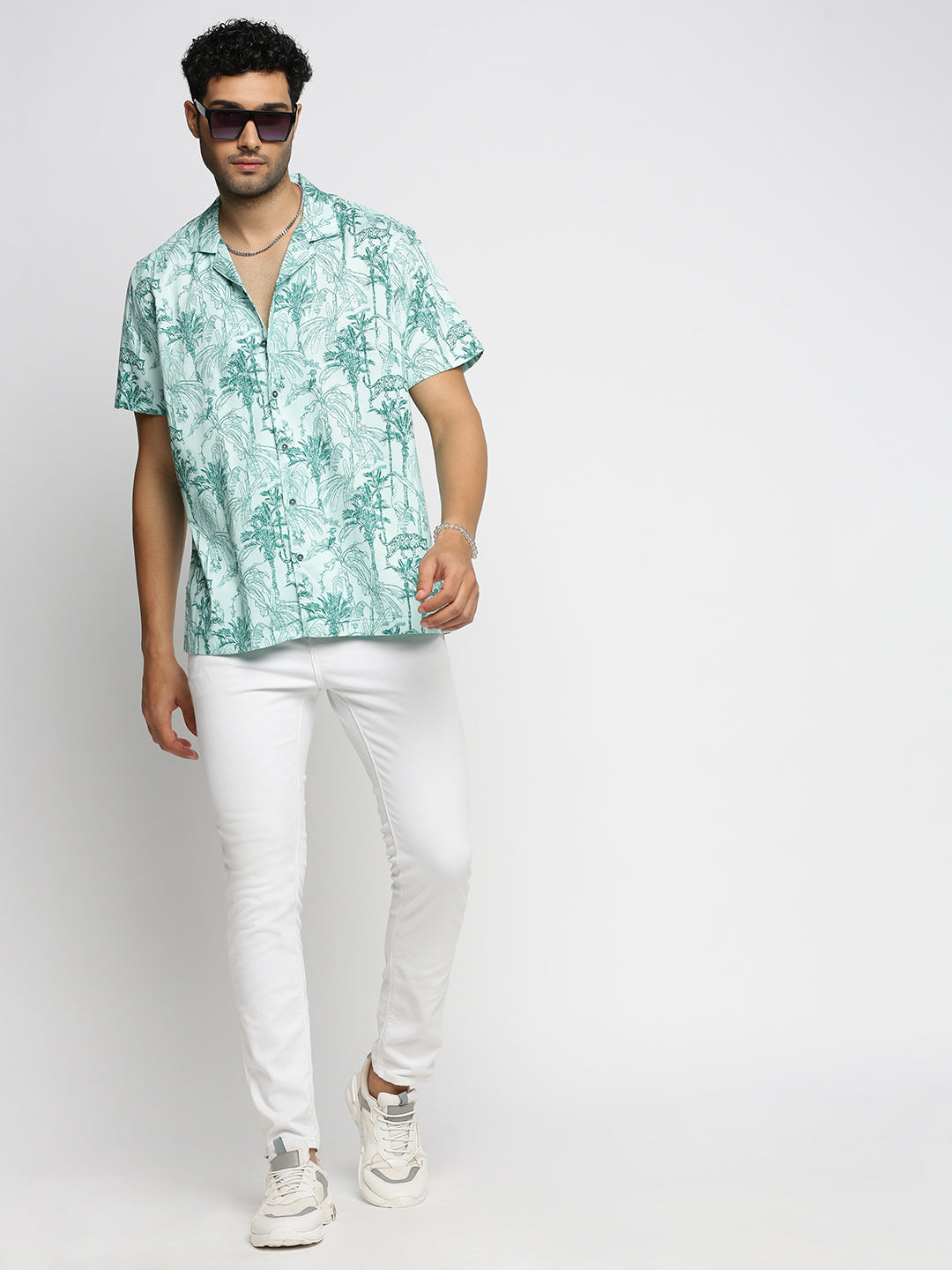 Men Sea Green Cuban Collar Animal Shirt