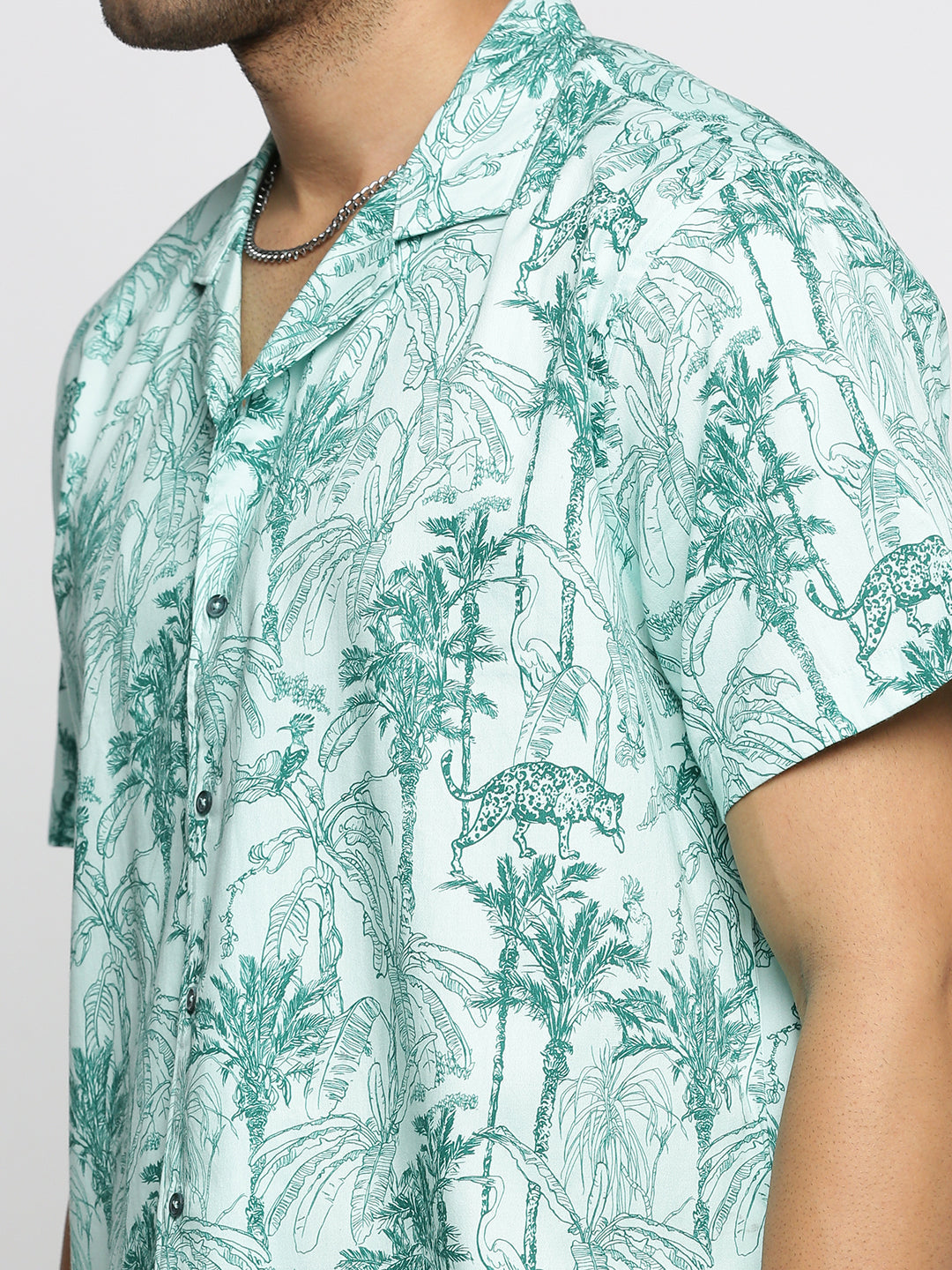 Men Sea Green Cuban Collar Animal Shirt