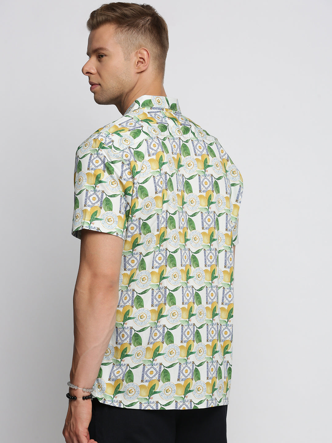 Men Green Cuban Collar Graphic Shirt