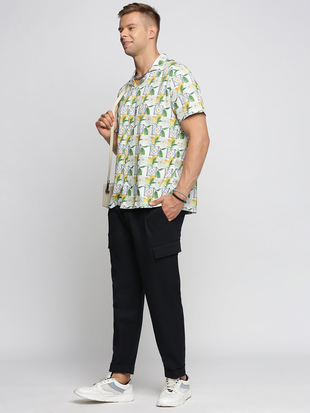 Men Green Cuban Collar Graphic Shirt