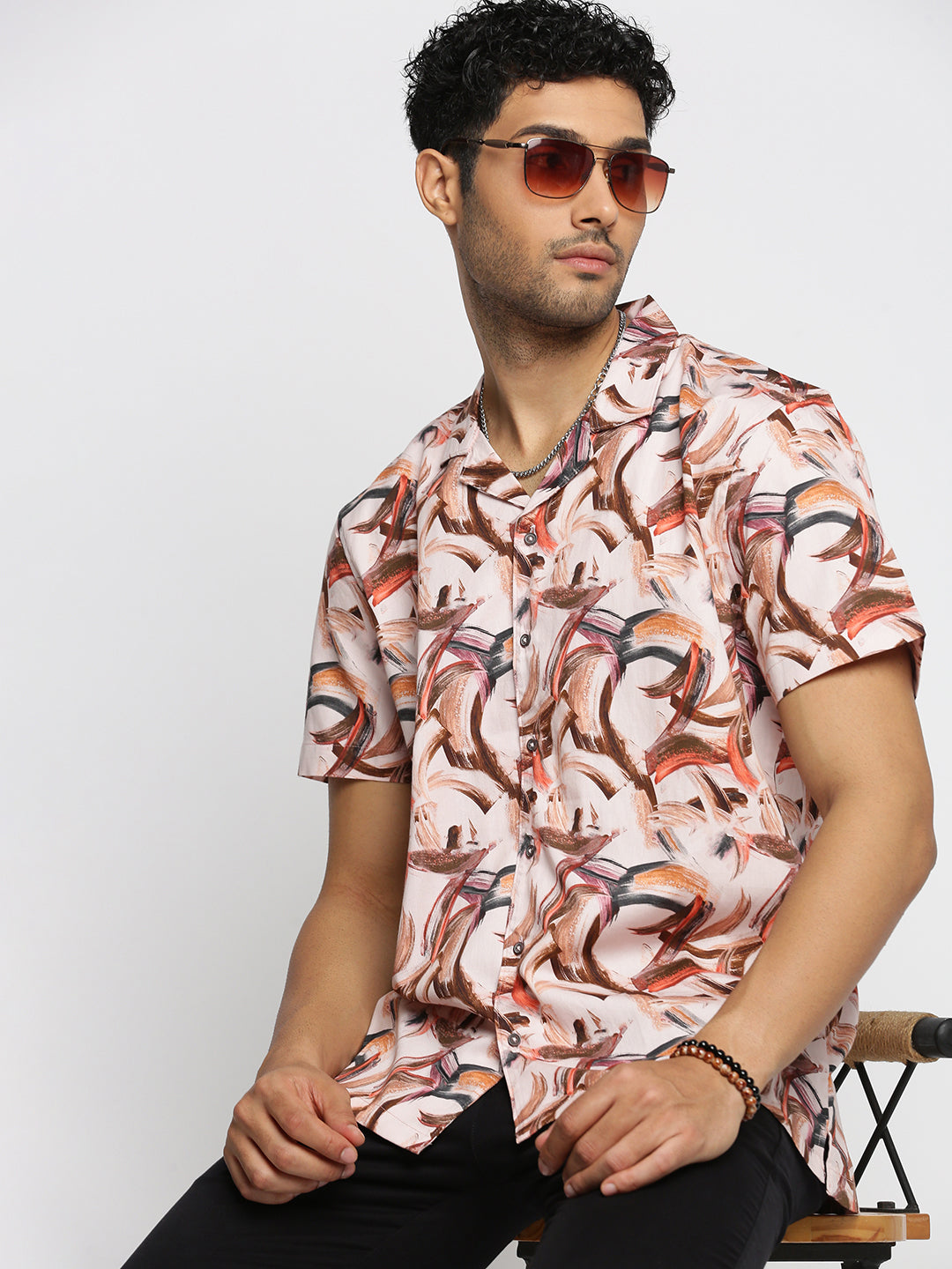 Men Peach Cuban Collar Abstract Shirt