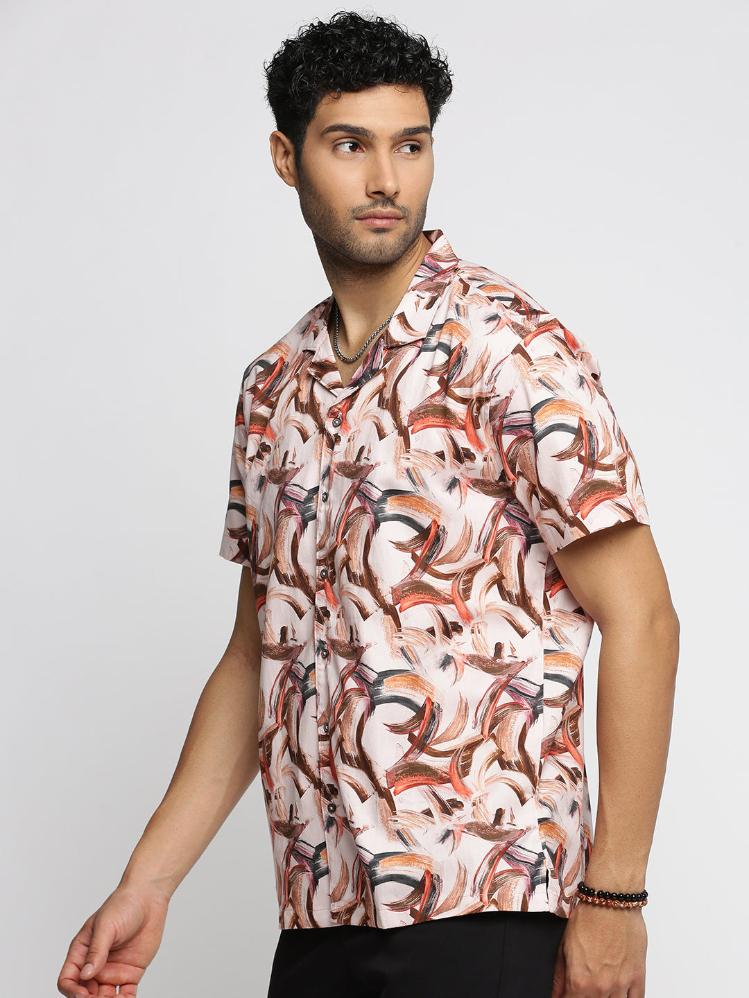 Men Peach Cuban Collar Abstract Shirt