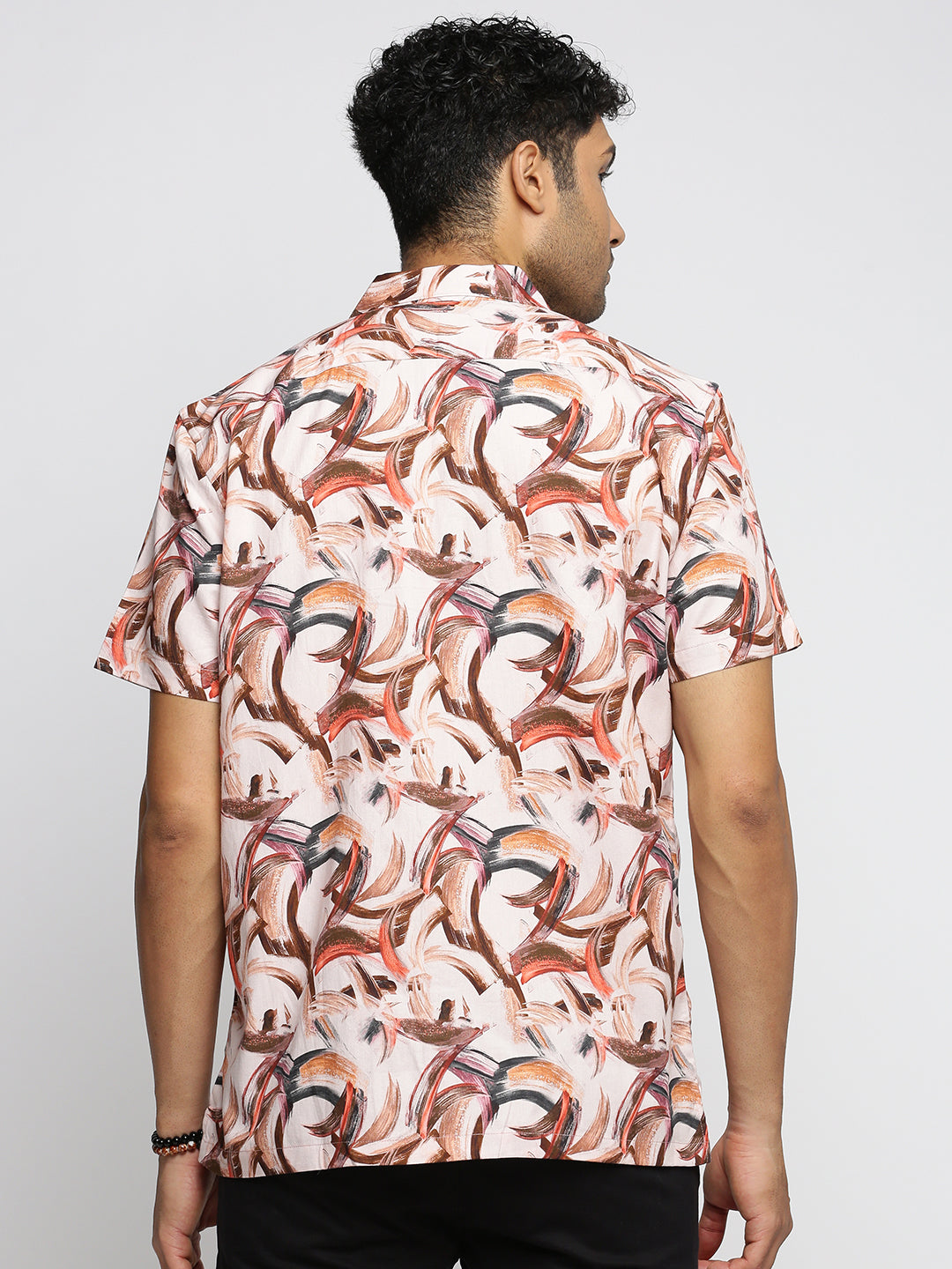 Men Peach Cuban Collar Abstract Shirt