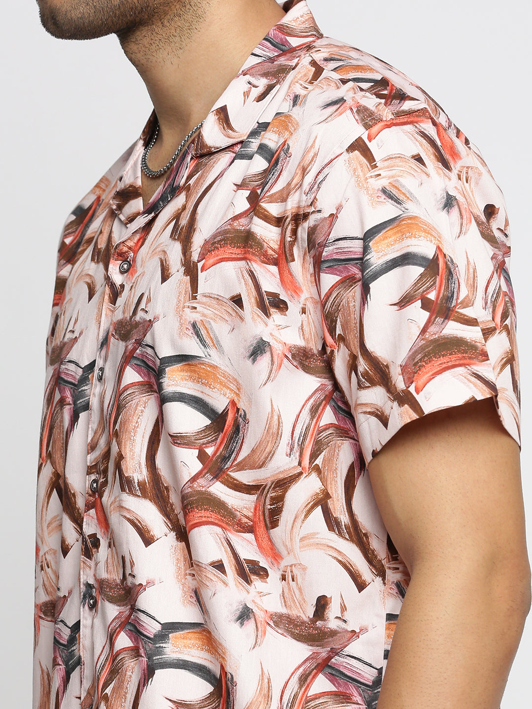 Men Peach Cuban Collar Abstract Shirt