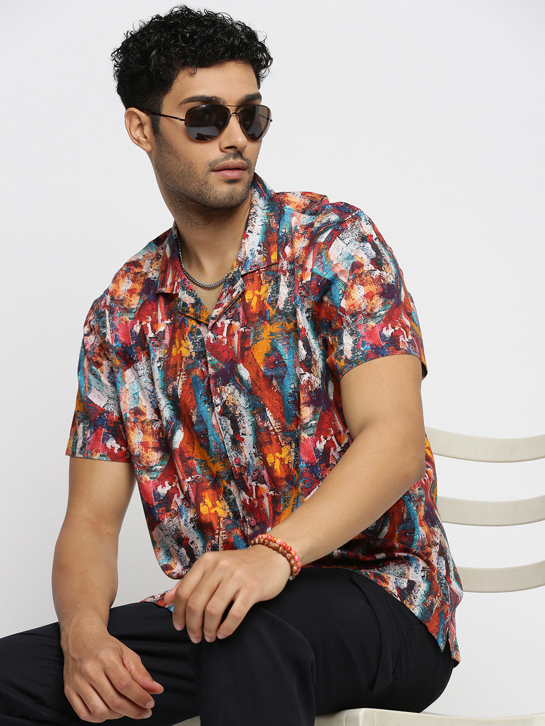 Men Brown Cuban Collar Abstract Shirt