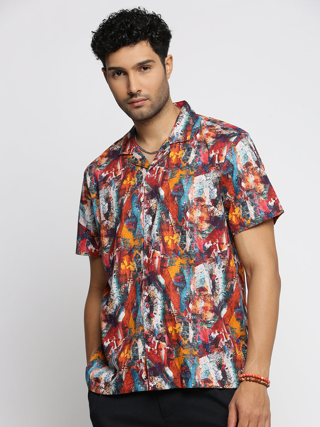 Men Brown Cuban Collar Abstract Shirt