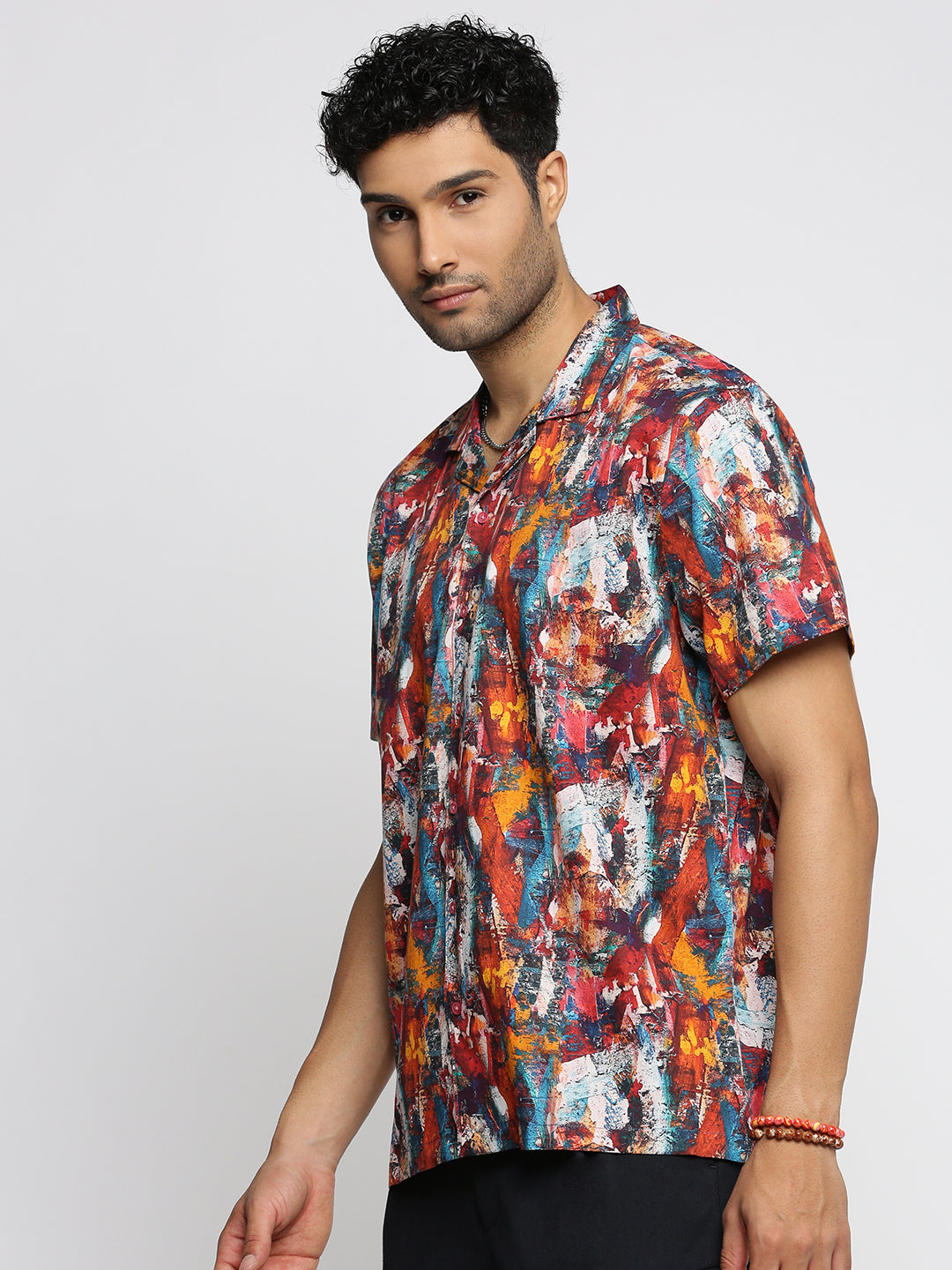 Men Brown Cuban Collar Abstract Shirt