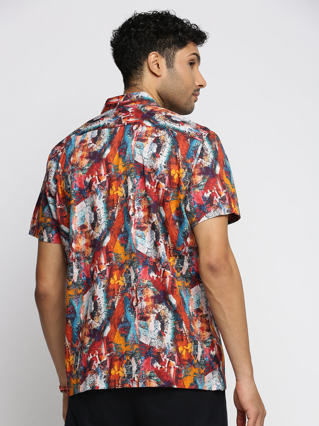 Men Brown Cuban Collar Abstract Shirt