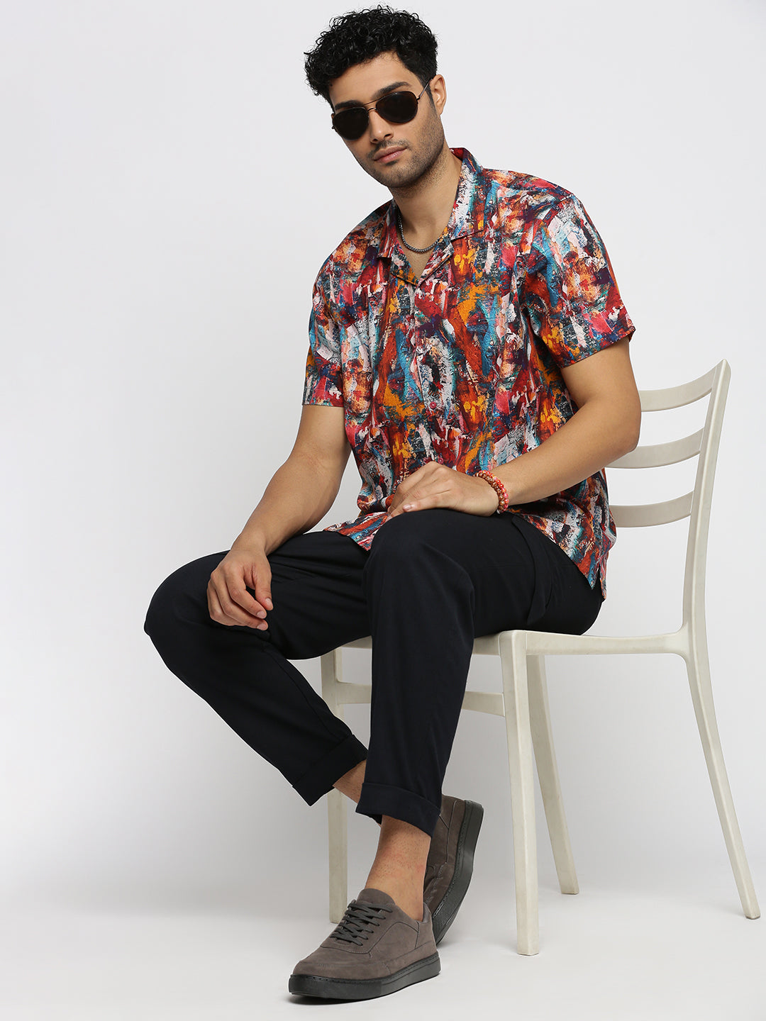 Men Brown Cuban Collar Abstract Shirt