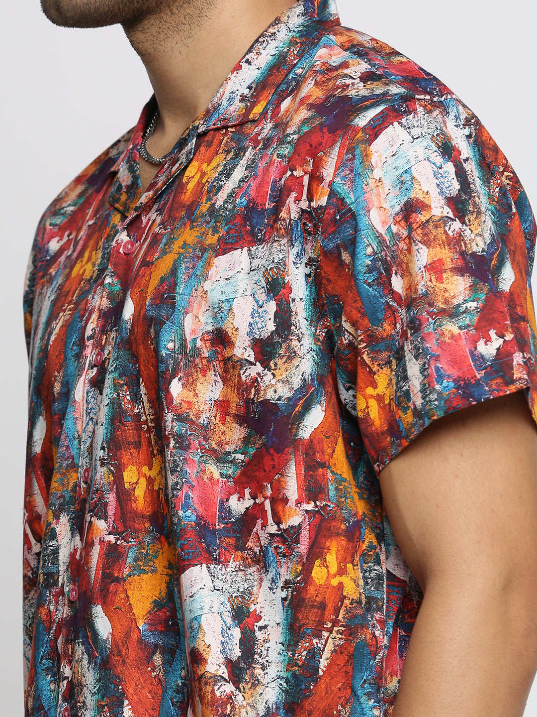 Men Brown Cuban Collar Abstract Shirt