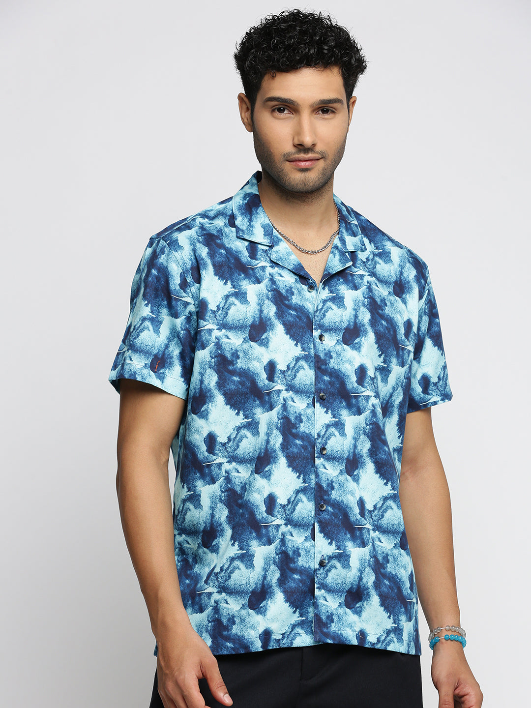 Men Teal Cuban Collar Abstract Shirt