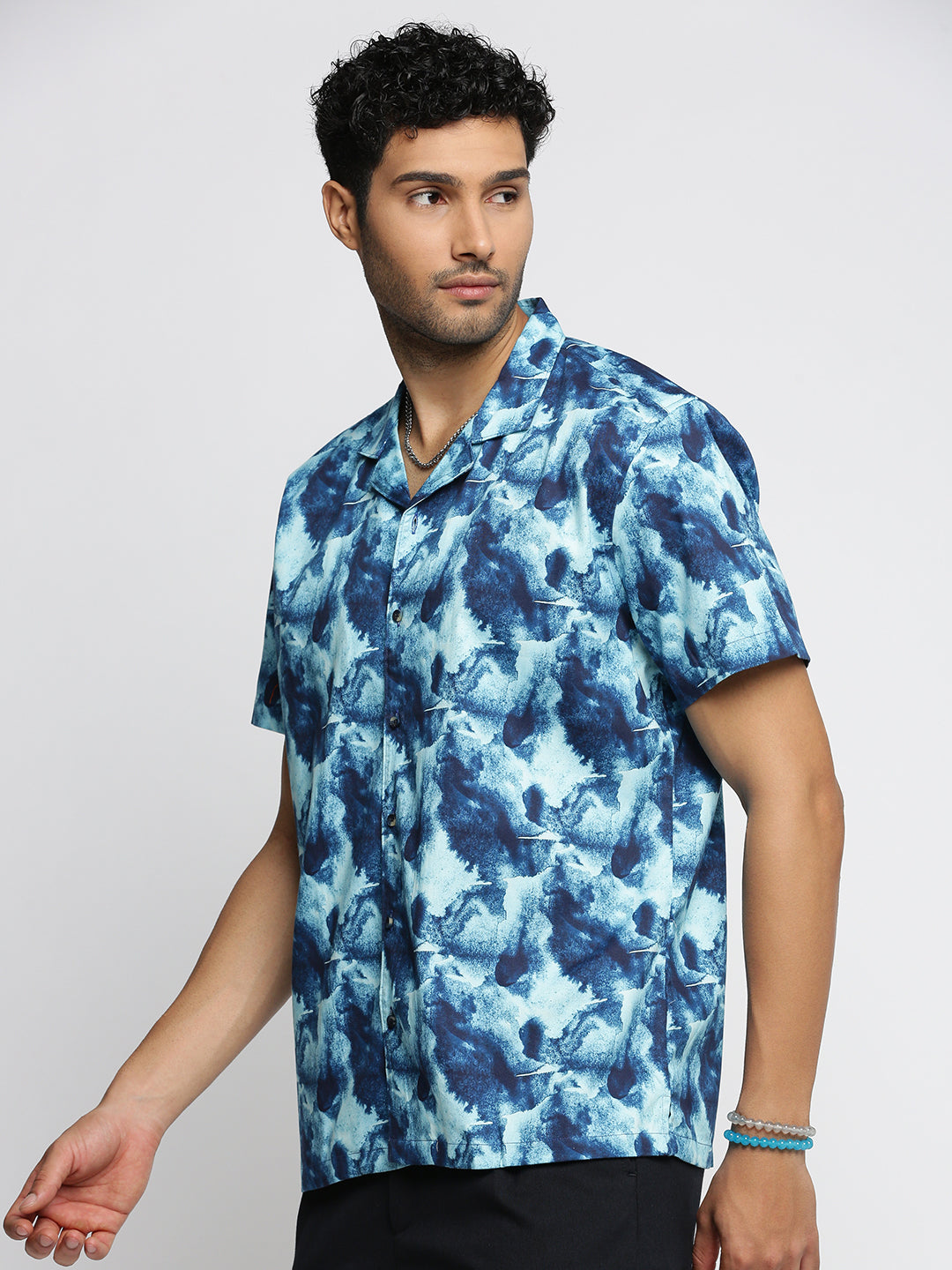 Men Teal Cuban Collar Abstract Shirt