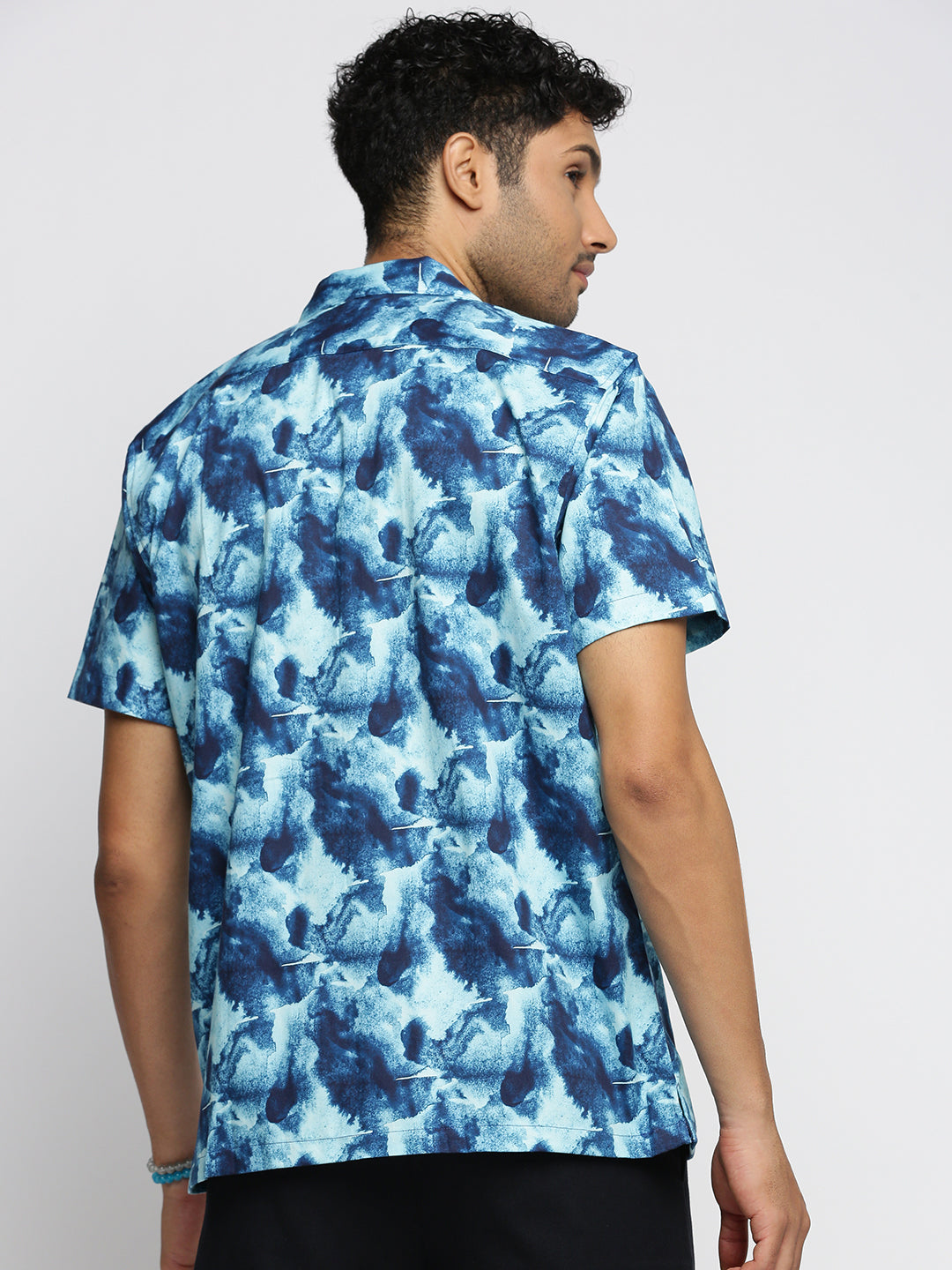 Men Teal Cuban Collar Abstract Shirt