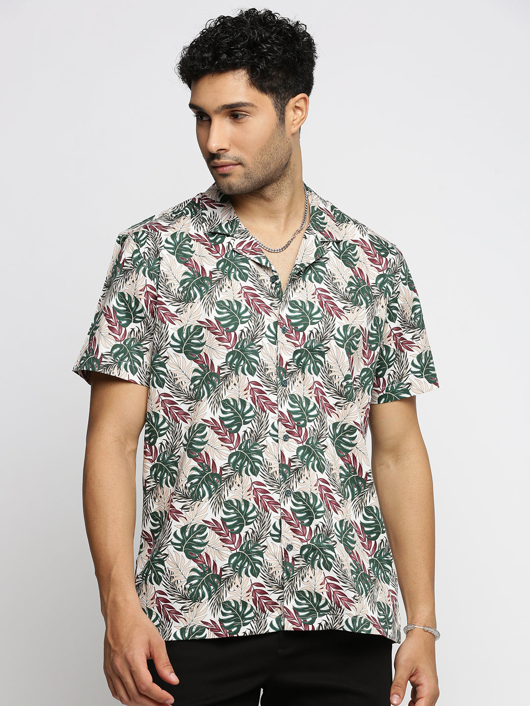 Men Green Cuban Collar Floral Shirt