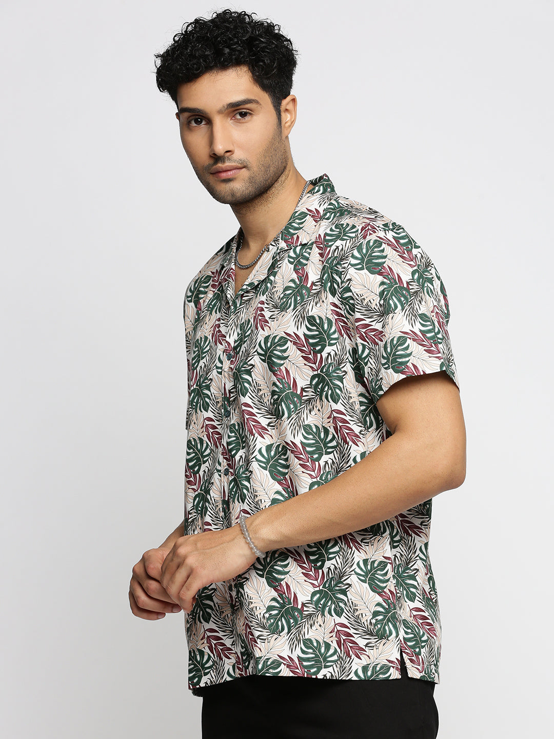 Men Green Cuban Collar Floral Shirt