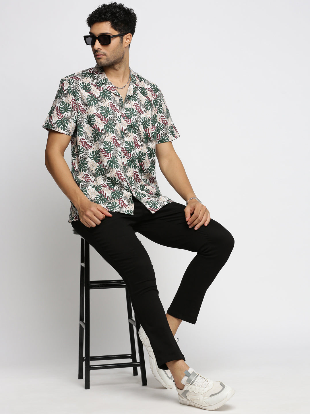 Men Green Cuban Collar Floral Shirt