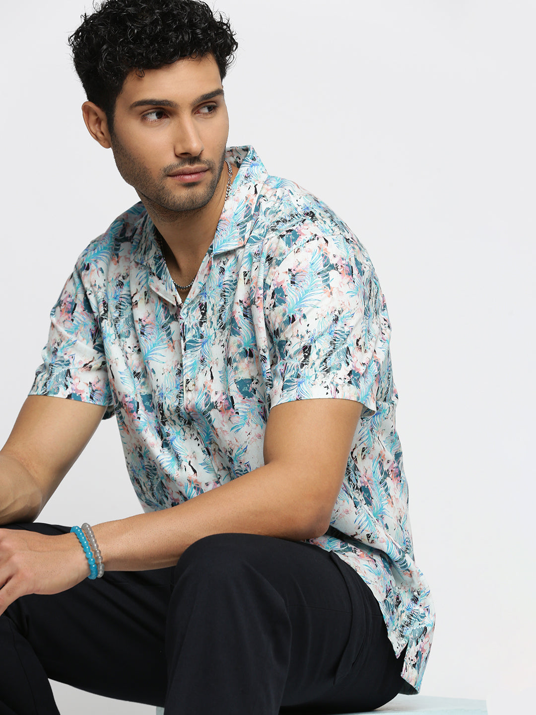 Men Blue Cuban Collar Abstract Shirt