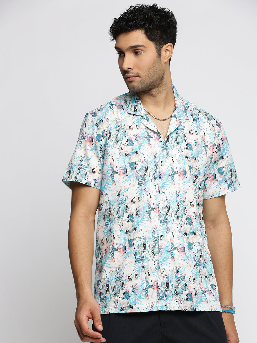 Men Blue Cuban Collar Abstract Shirt