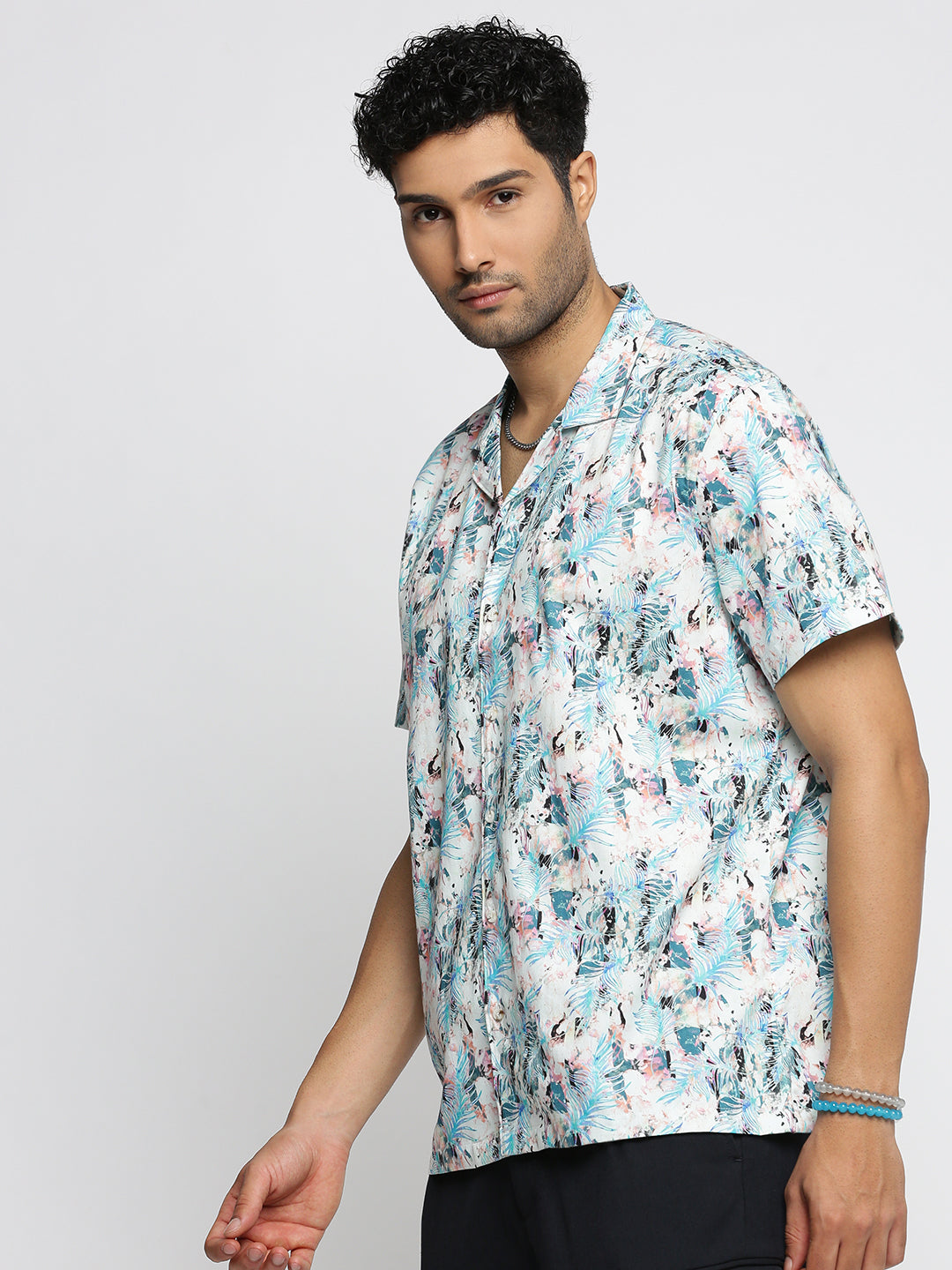 Men Blue Cuban Collar Abstract Shirt