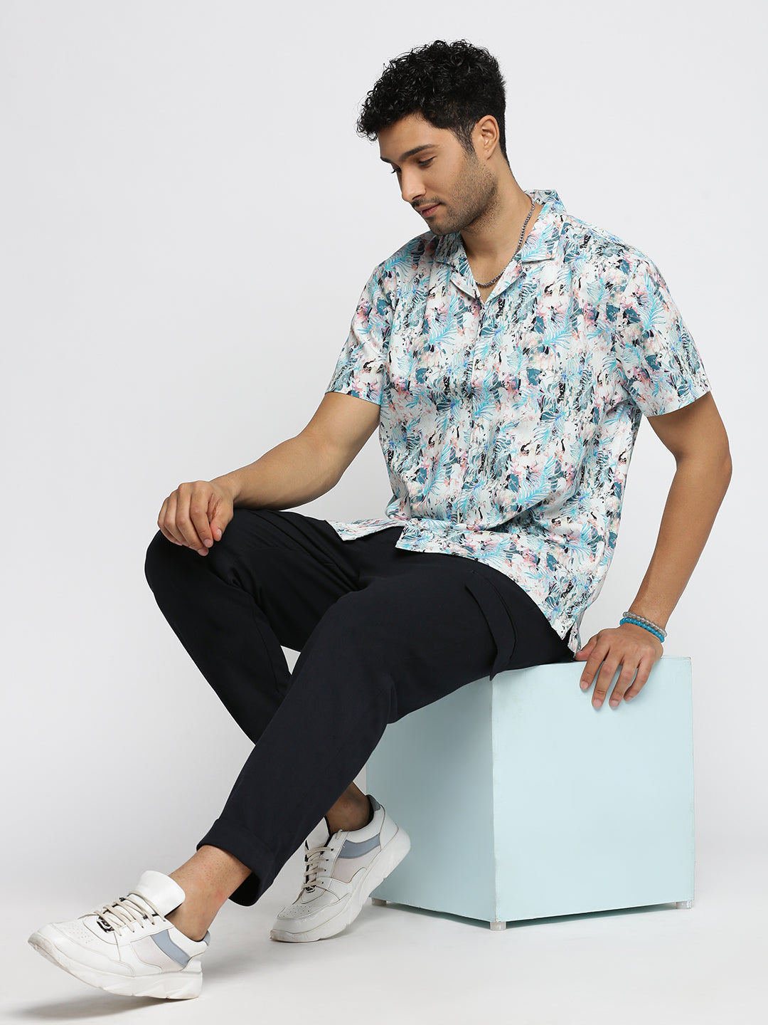 Men Blue Cuban Collar Abstract Shirt