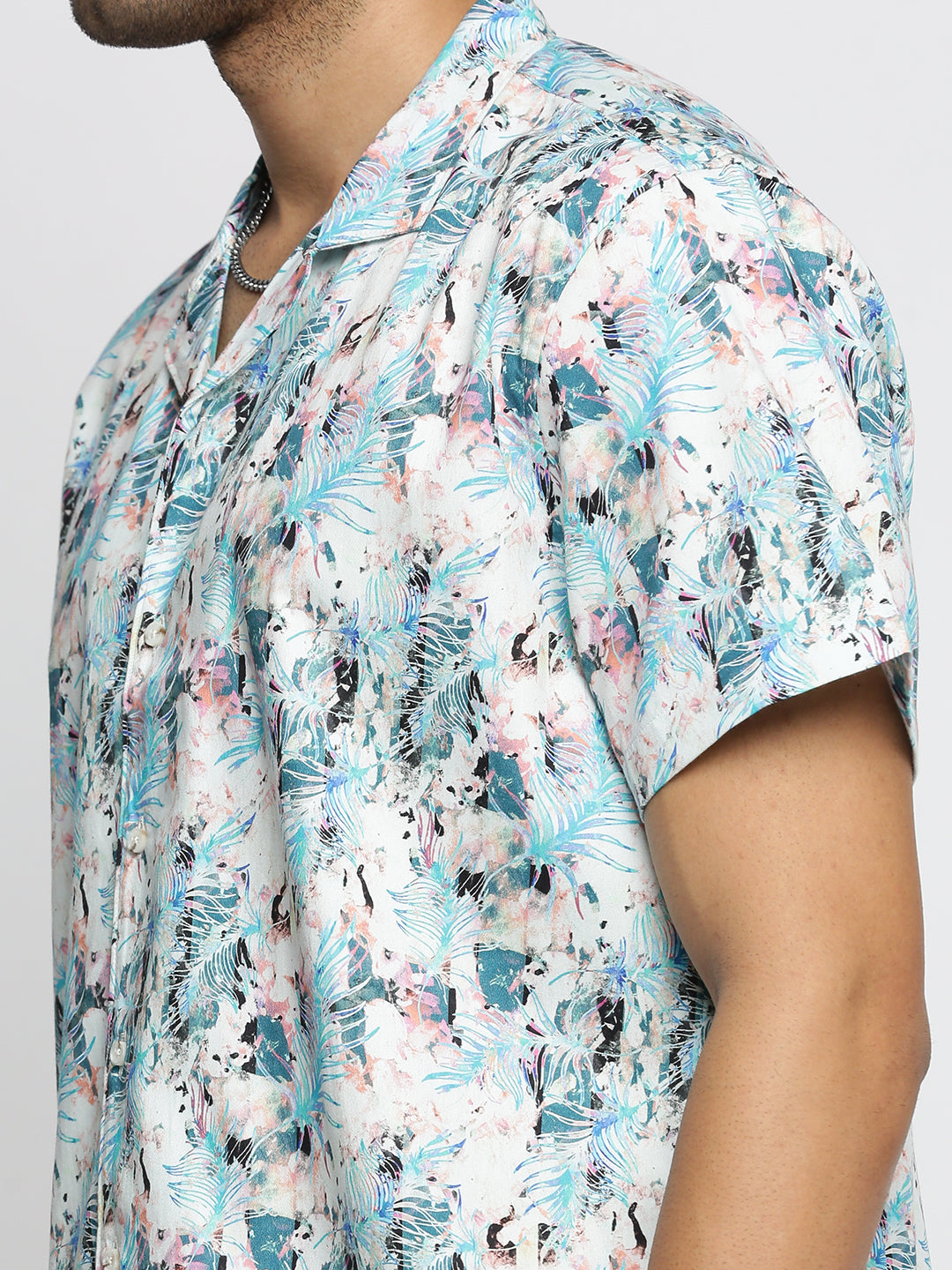 Men Blue Cuban Collar Abstract Shirt