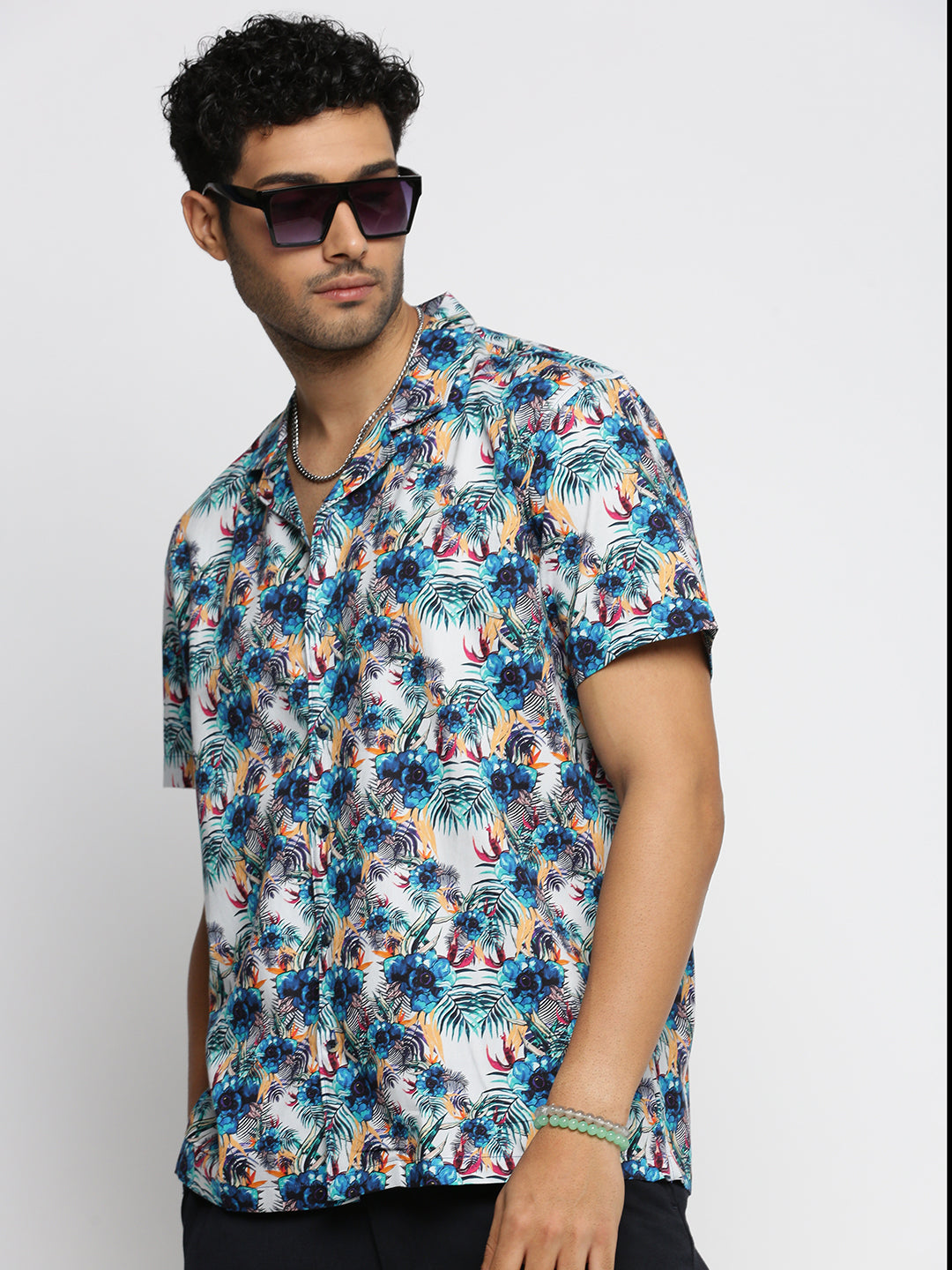 Men Blue Cuban Collar Floral Shirt