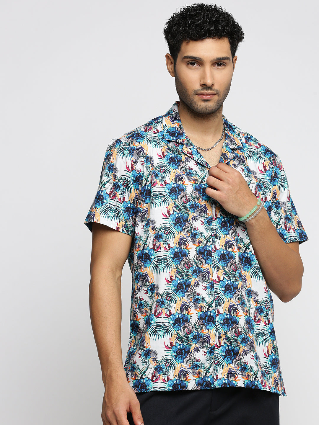 Men Blue Cuban Collar Floral Shirt