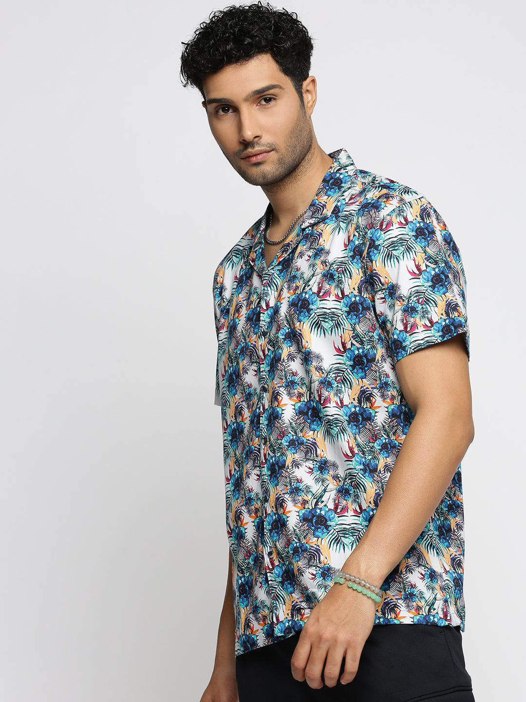 Men Blue Cuban Collar Floral Shirt