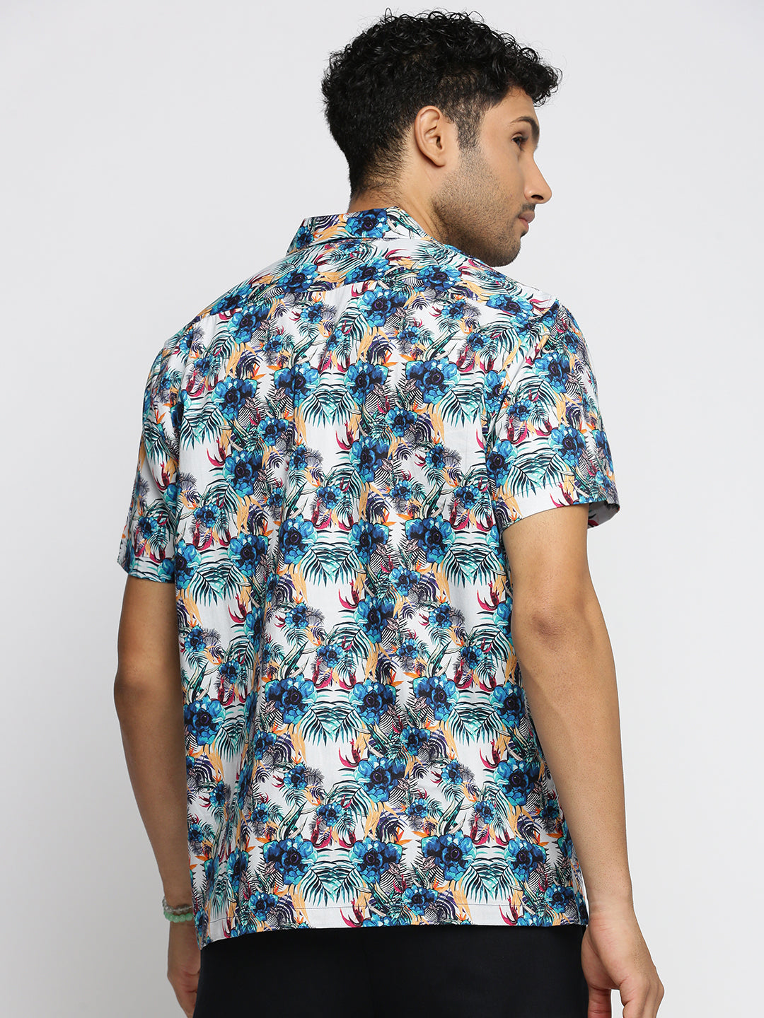 Men Blue Cuban Collar Floral Shirt