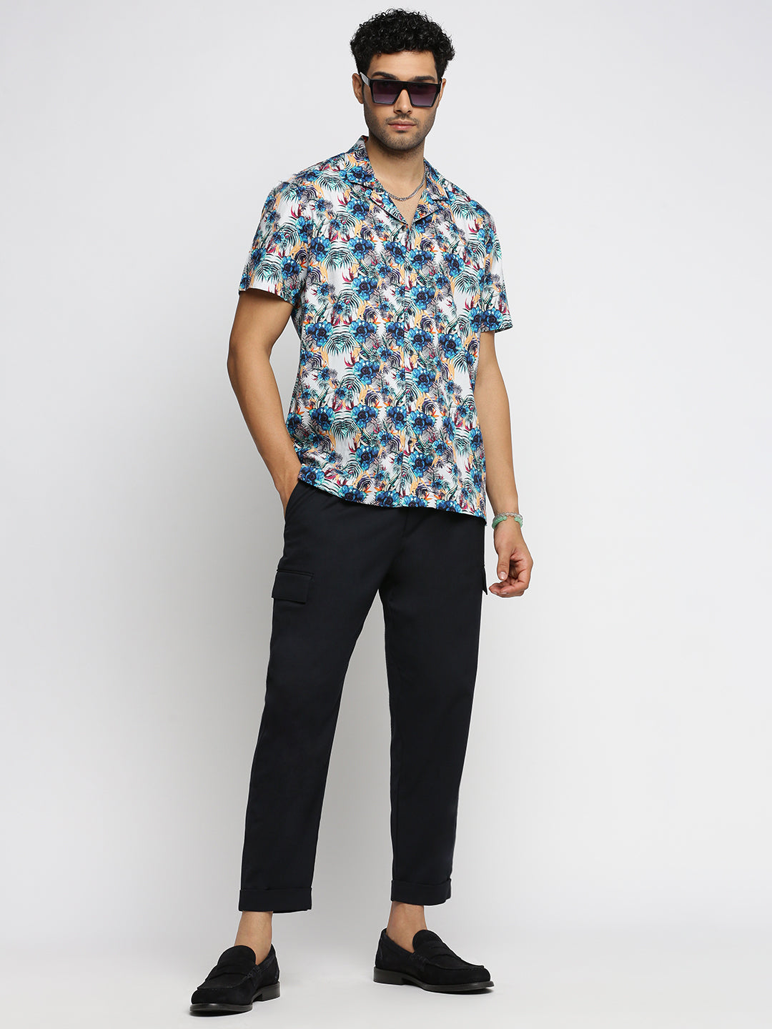 Men Blue Cuban Collar Floral Shirt