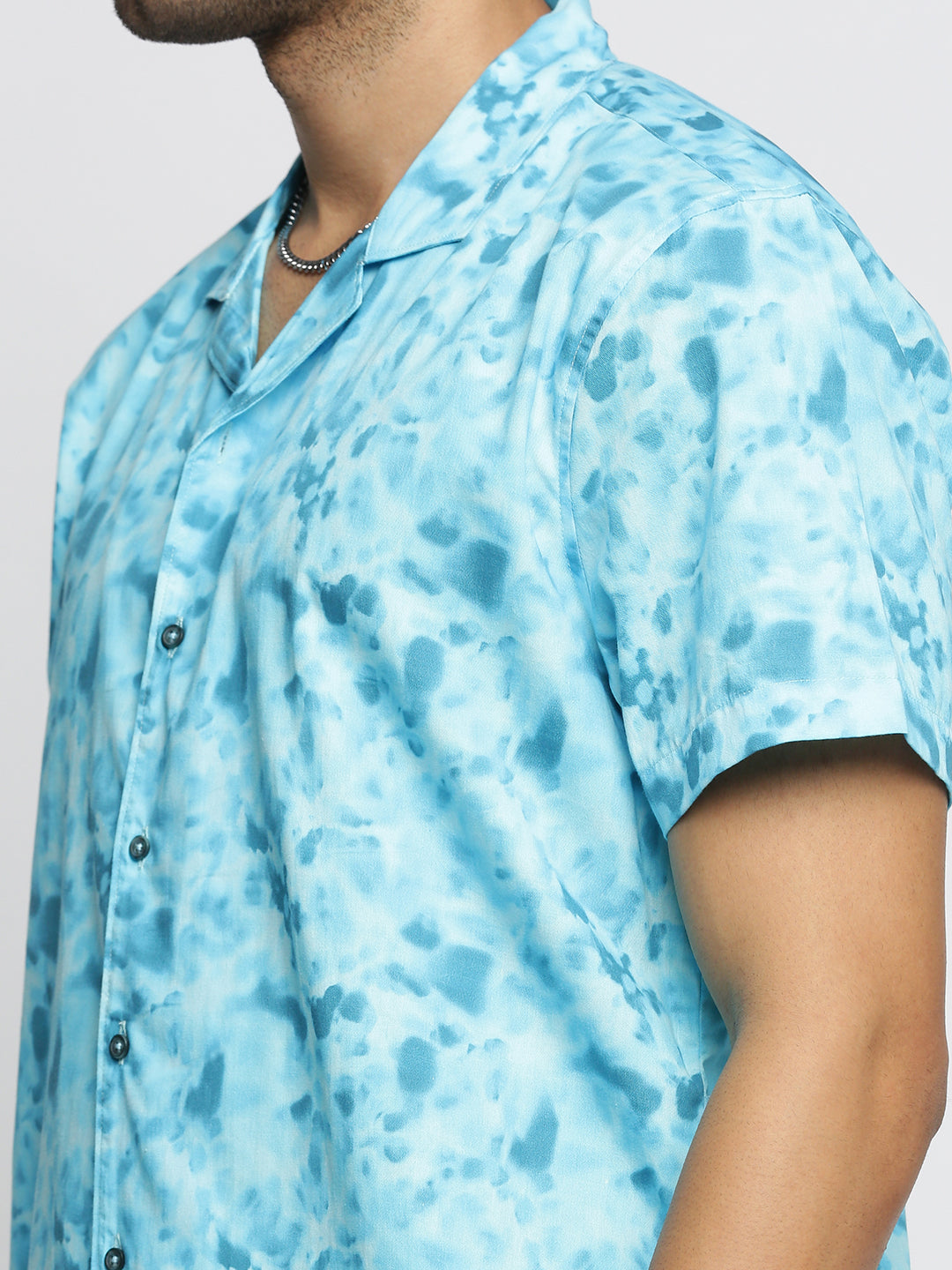 Men Blue Cuban Collar Abstract Shirt