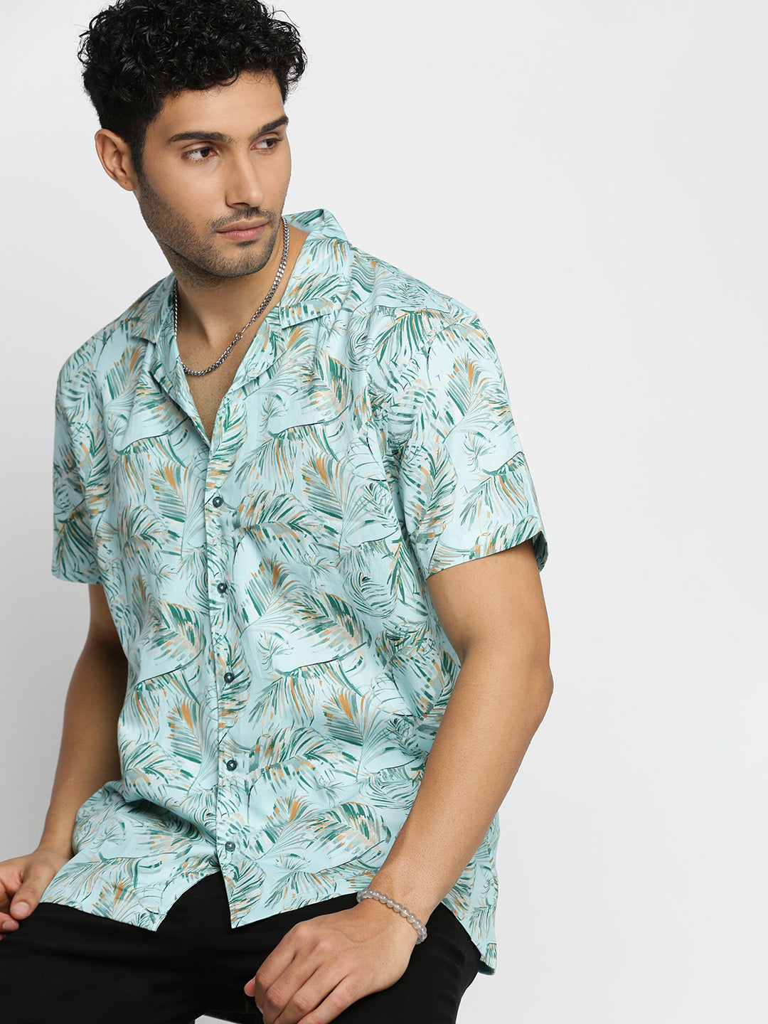 Men Sea Green Cuban Collar Floral Shirt