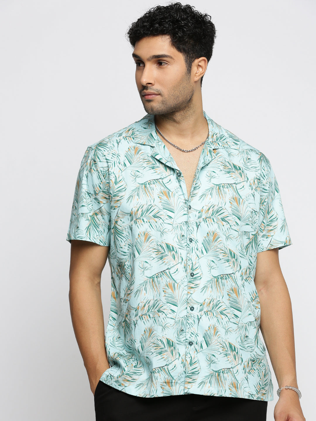 Men Sea Green Cuban Collar Floral Shirt