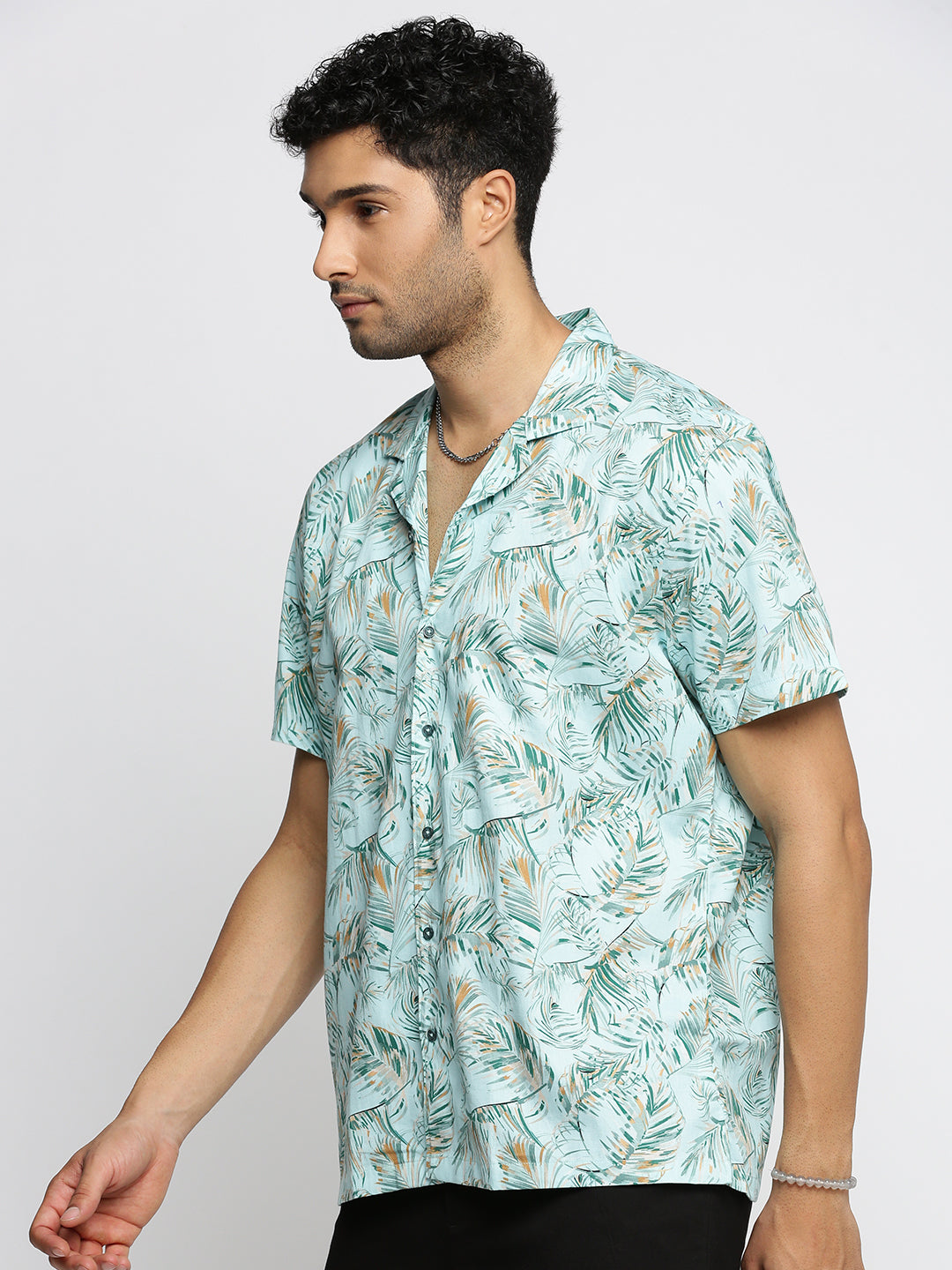 Men Sea Green Cuban Collar Floral Shirt