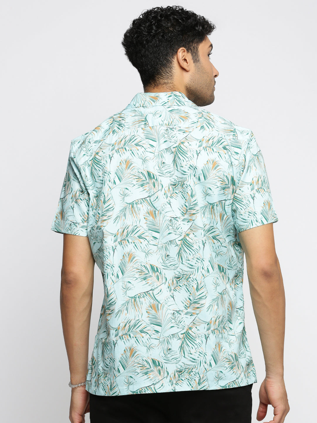 Men Sea Green Cuban Collar Floral Shirt