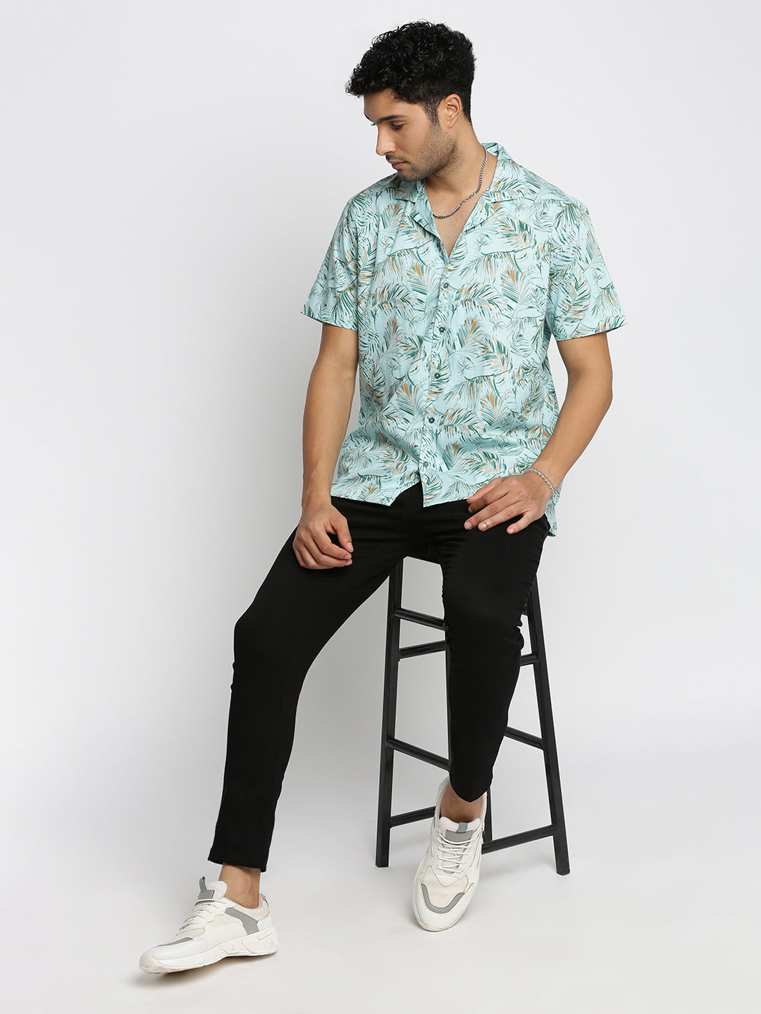 Men Sea Green Cuban Collar Floral Shirt