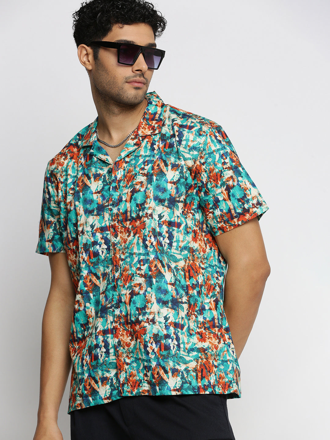 Men Blue Cuban Collar Abstract Shirt