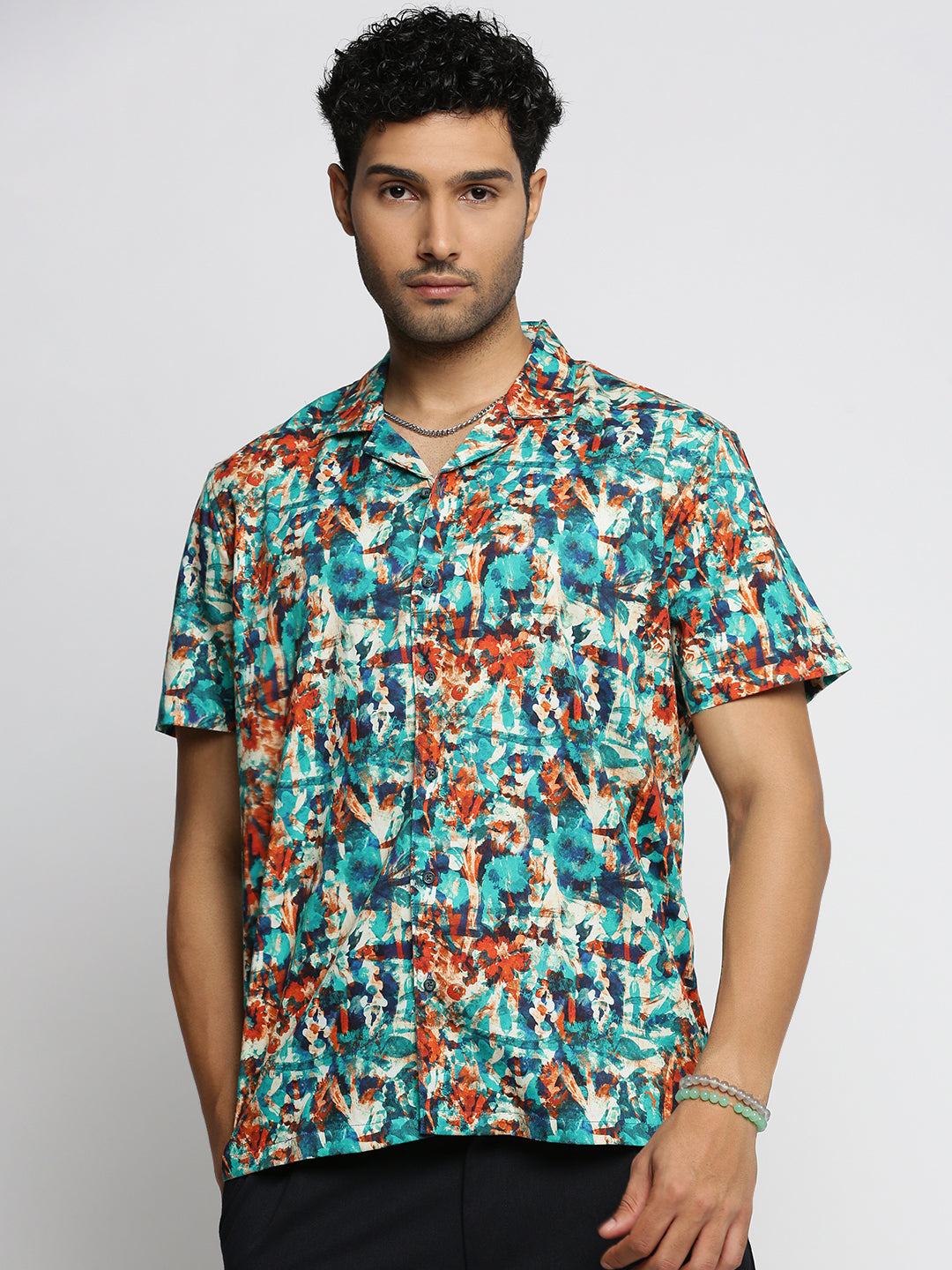 Men Blue Cuban Collar Abstract Shirt