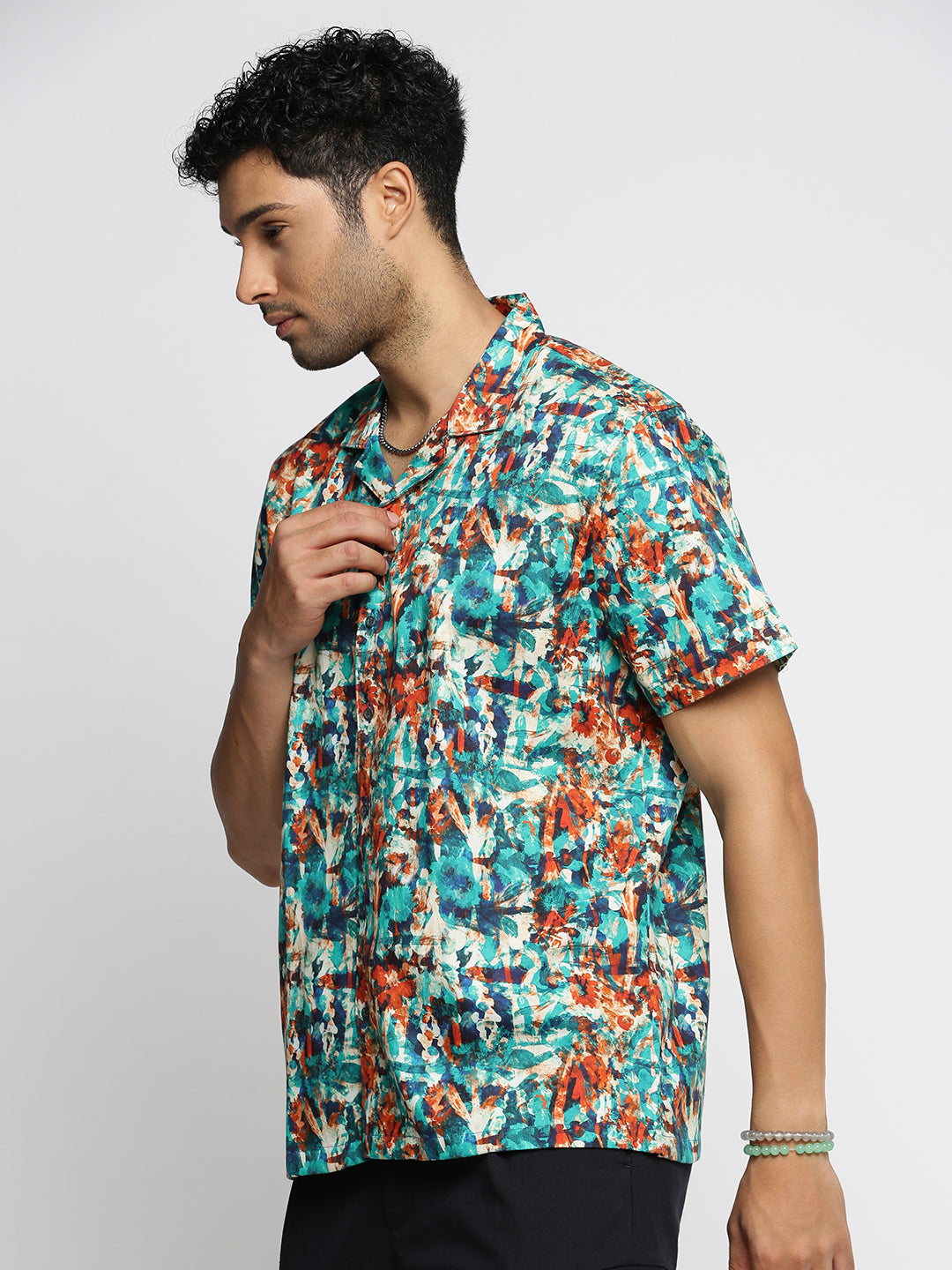 Men Blue Cuban Collar Abstract Shirt