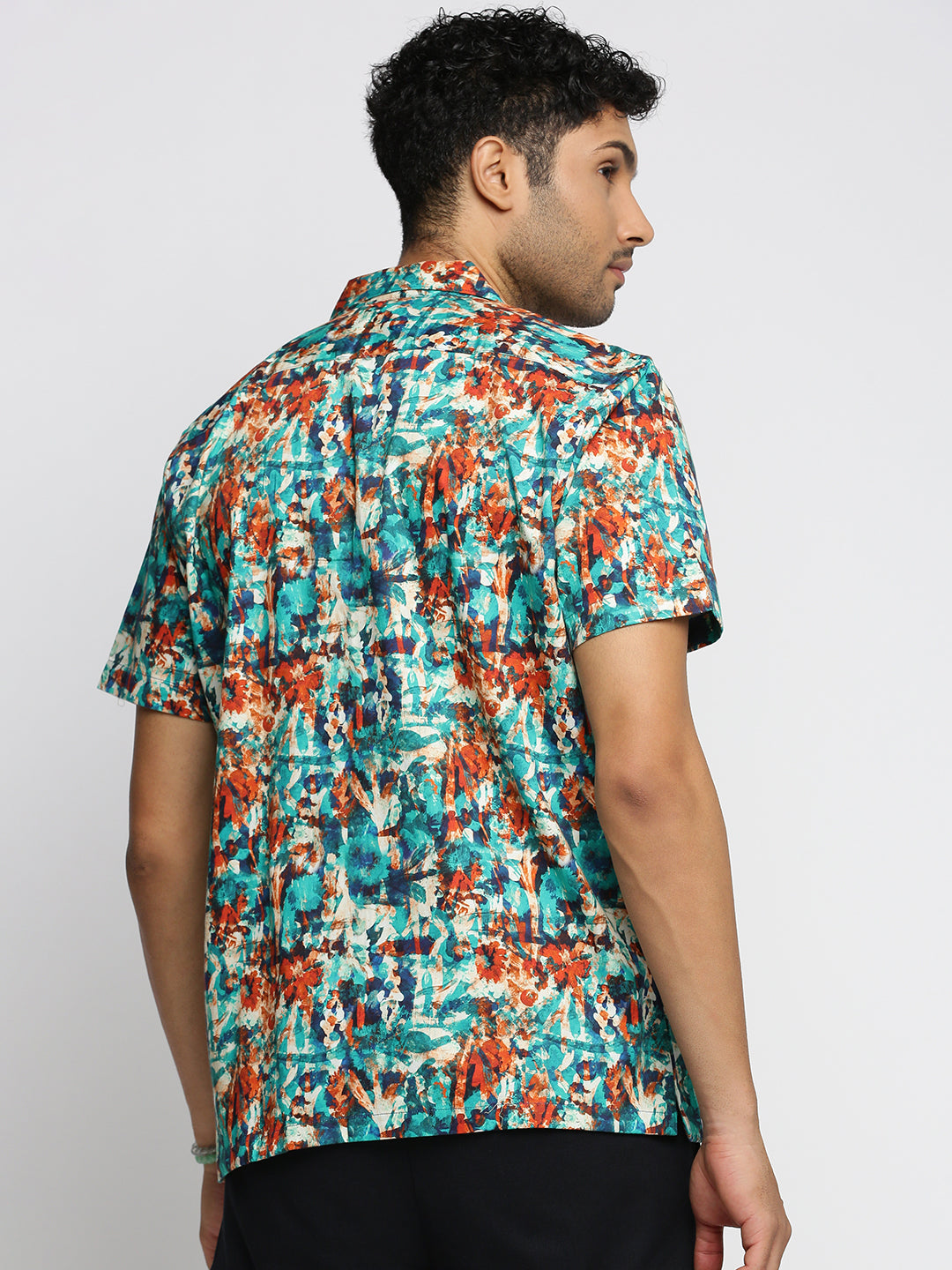 Men Blue Cuban Collar Abstract Shirt