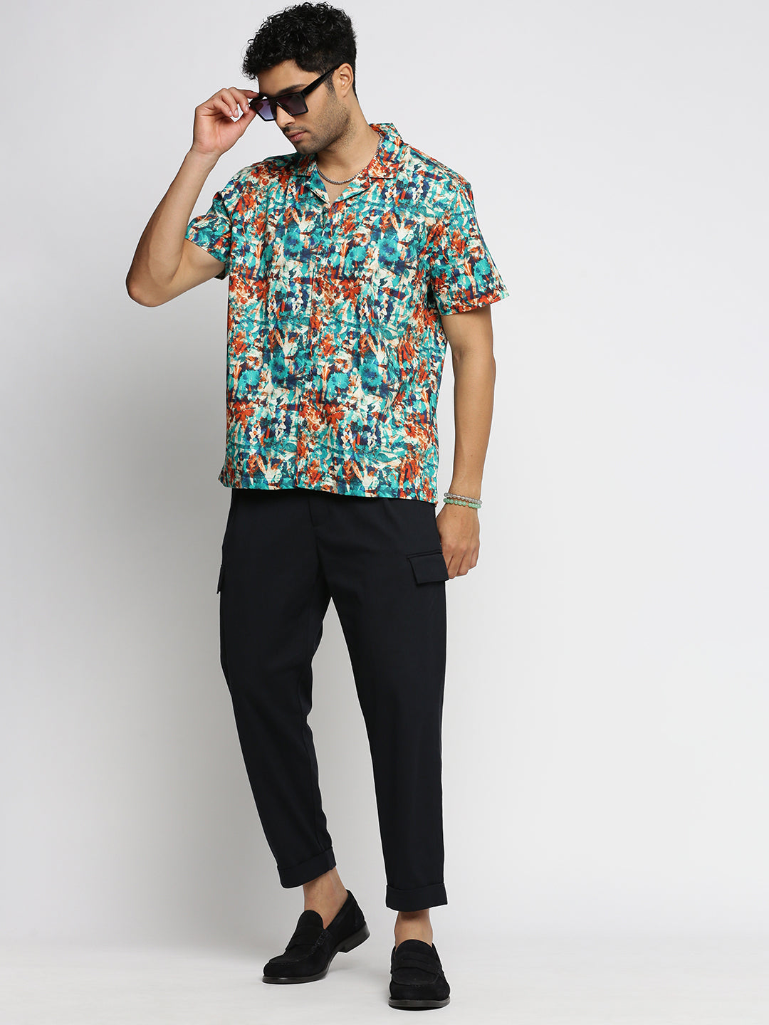 Men Blue Cuban Collar Abstract Shirt