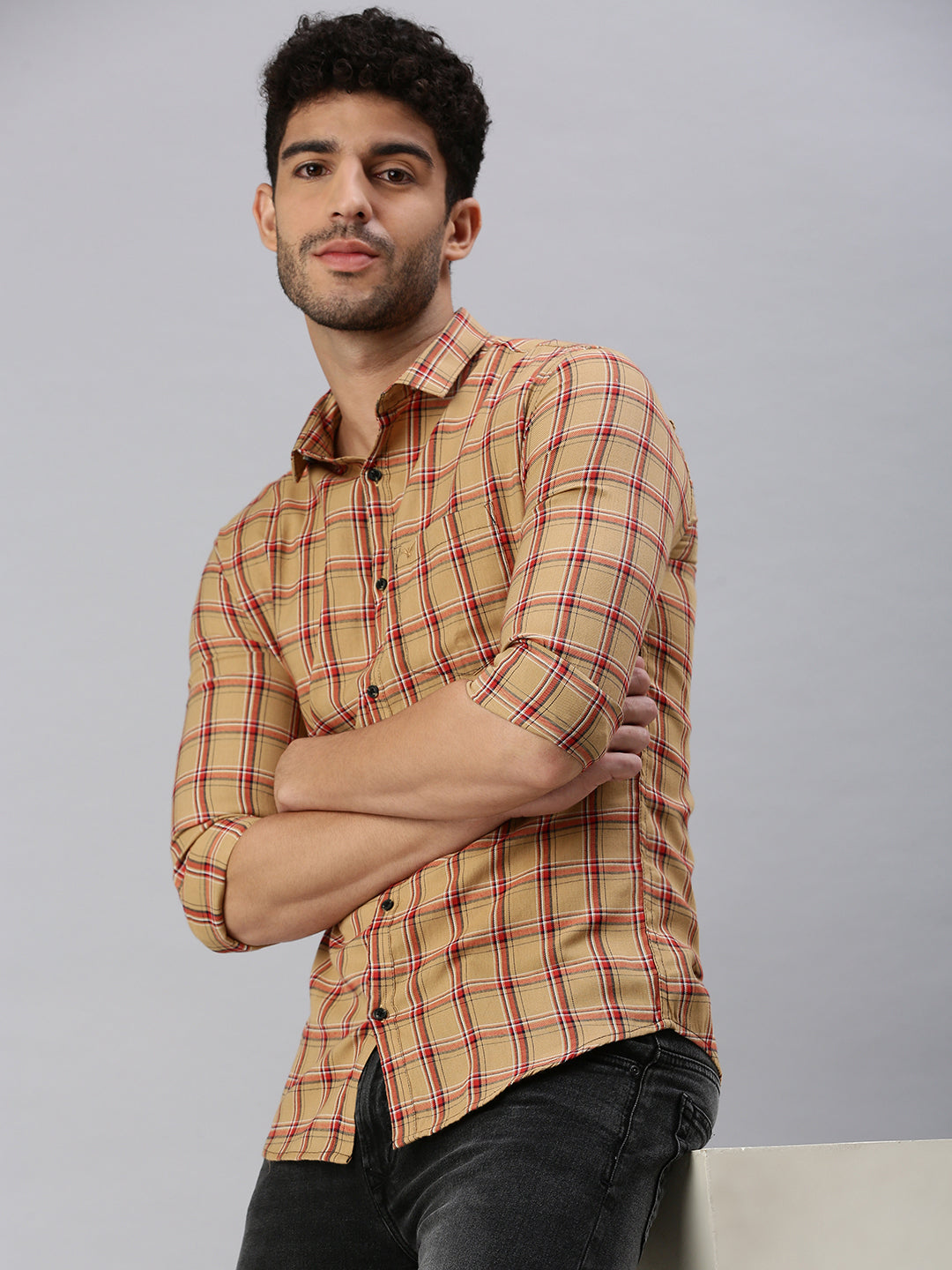 Men Brown Checked Casual Shirt