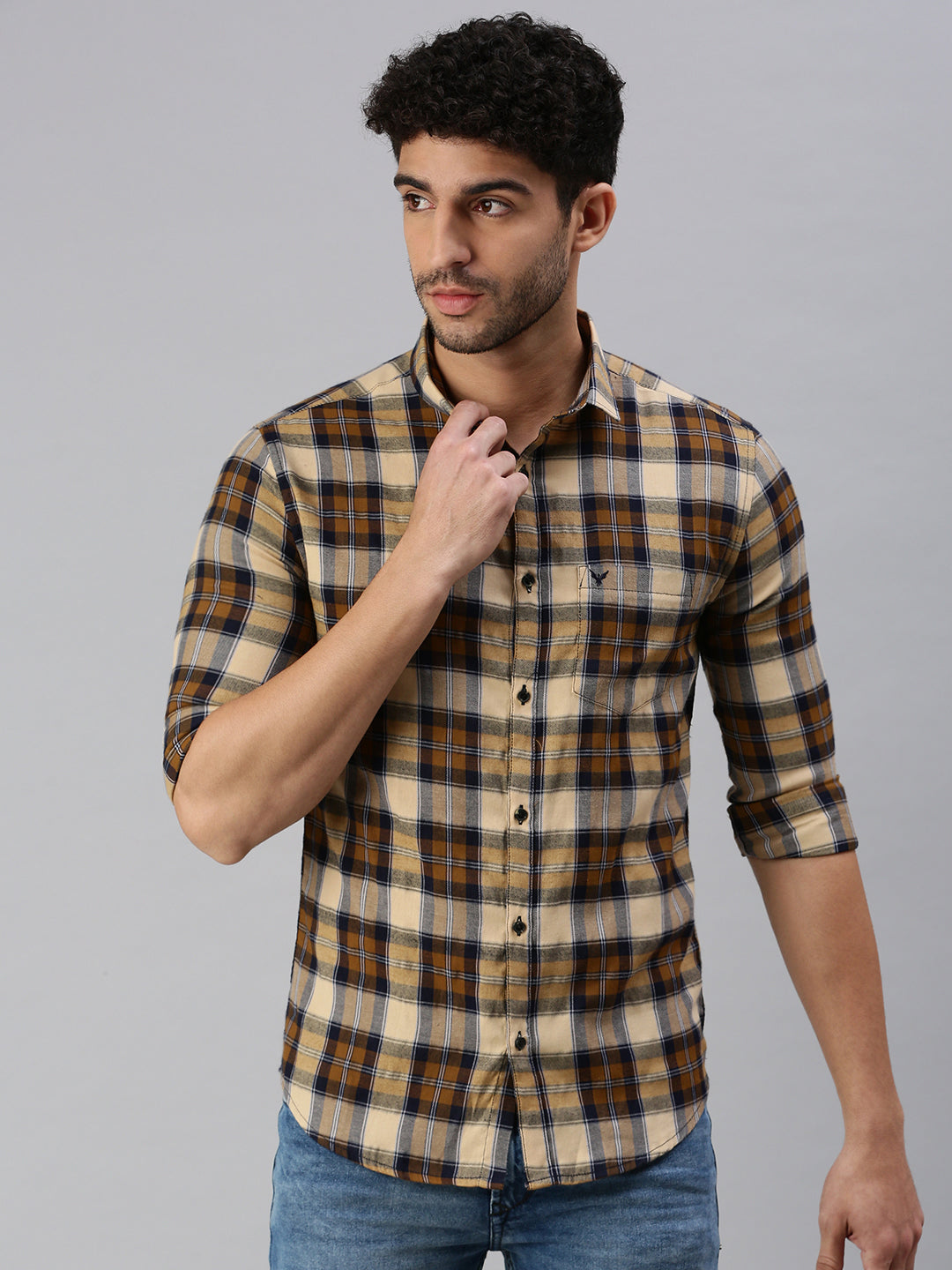 Men Brown Checked Casual Shirt