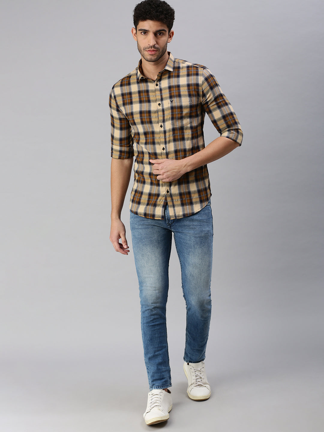 Men Brown Checked Casual Shirt