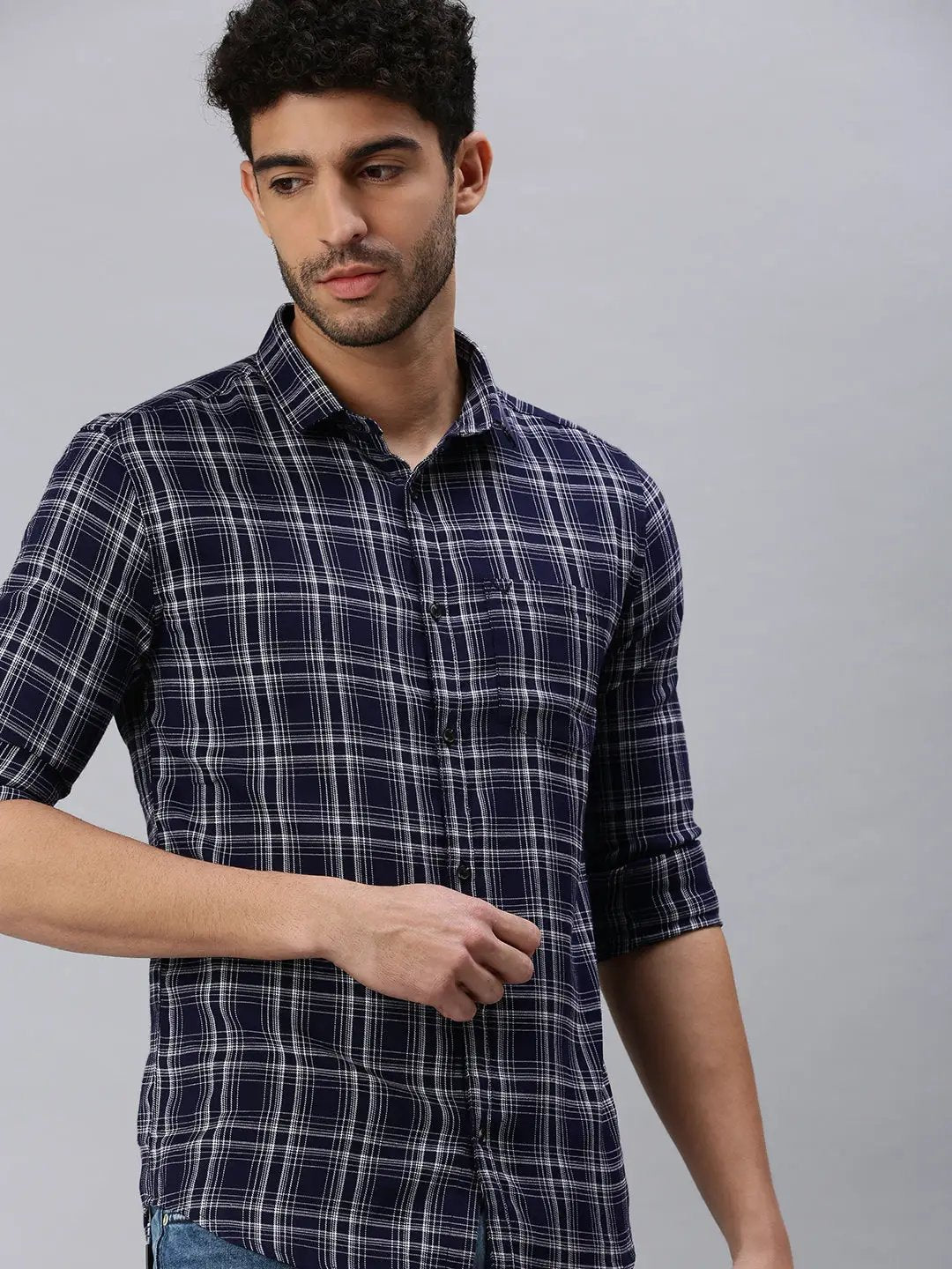 Men's Navy Blue Checked Casual Shirt