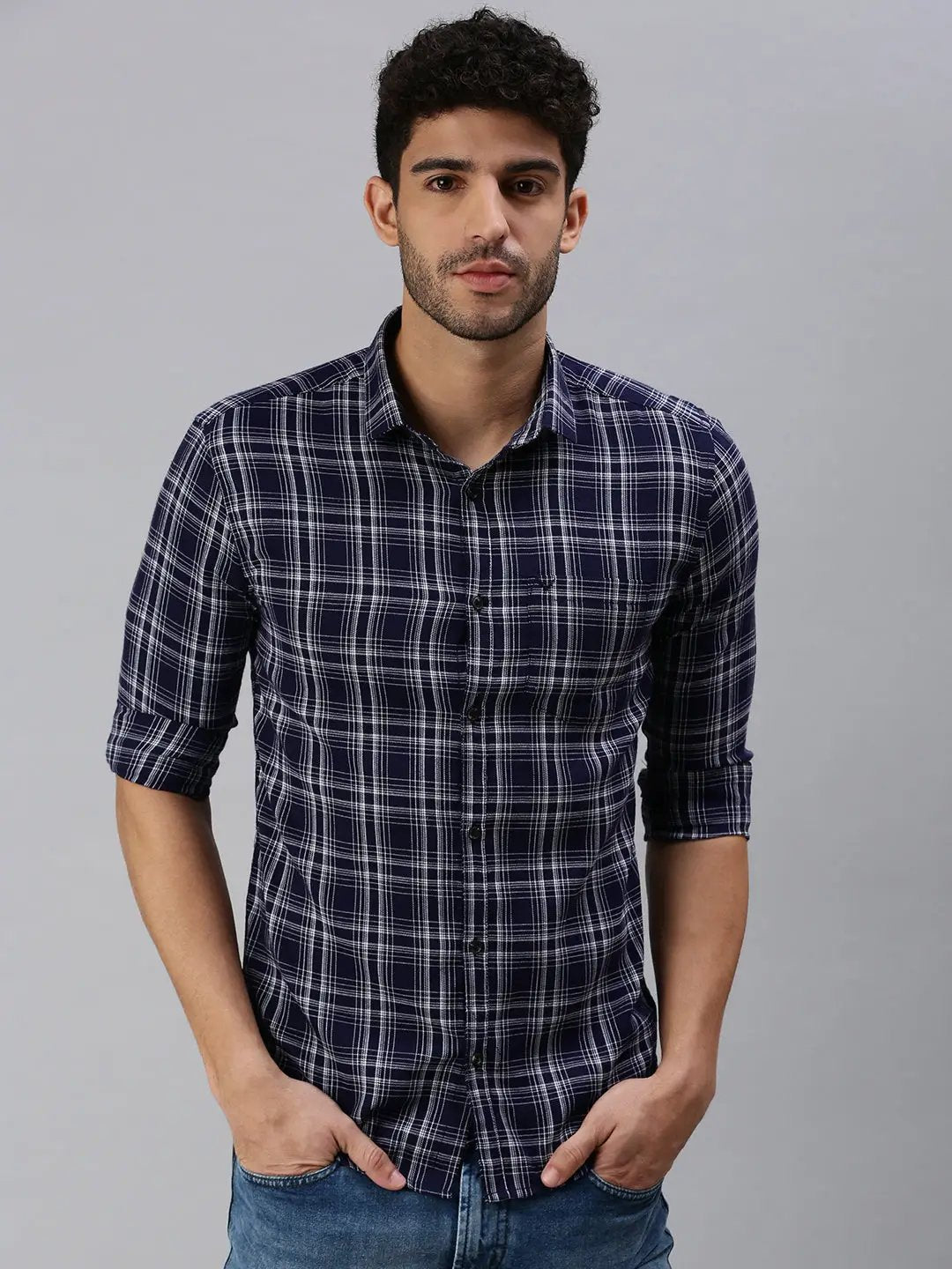 Men's Navy Blue Checked Casual Shirt