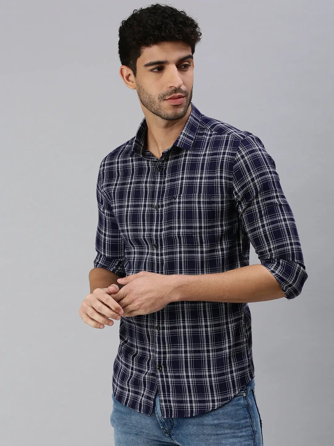 Men's Navy Blue Checked Casual Shirt
